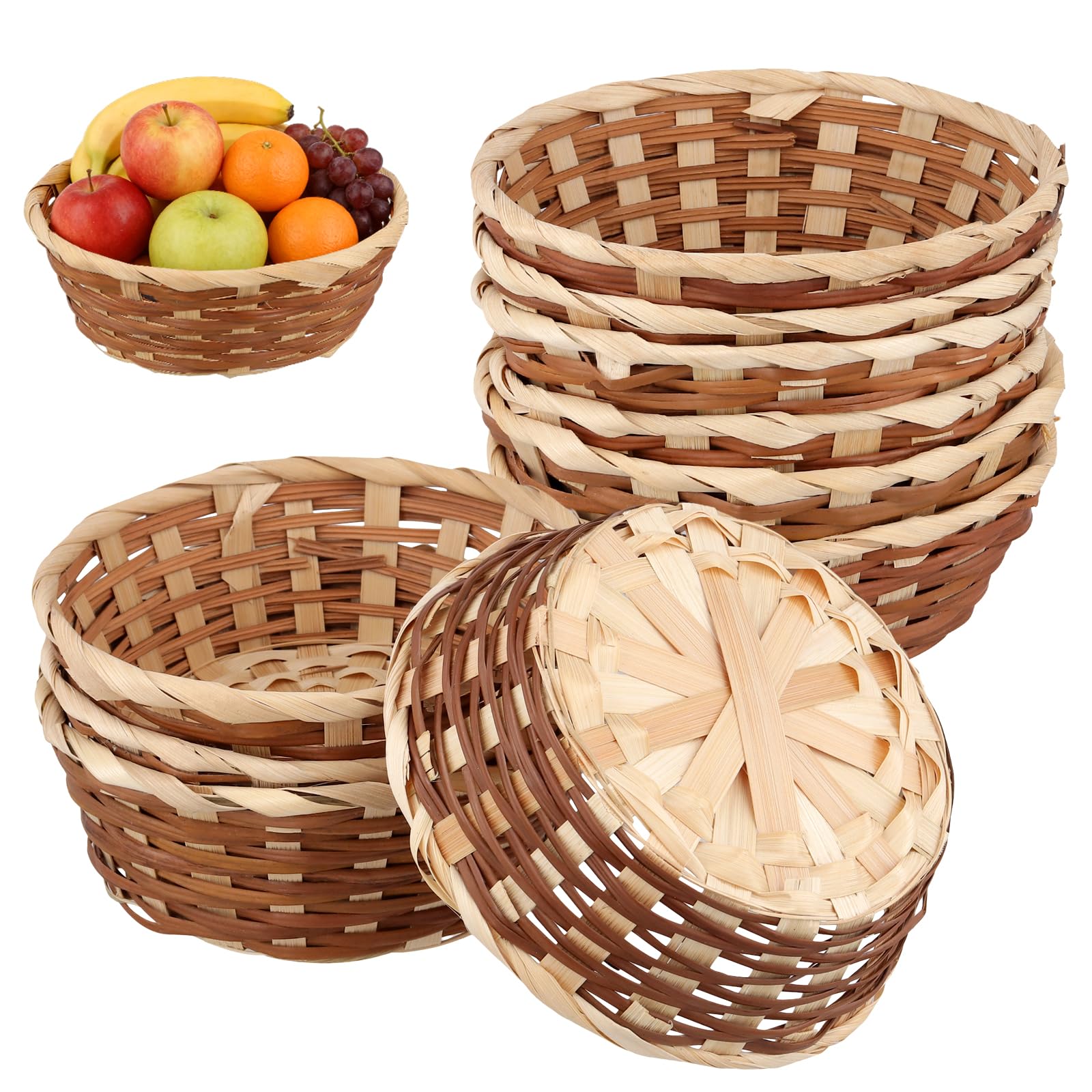 SENJEOK 10 Pack Round Bamboo Bread Baskets, 17 x 6cm, Wicker Fruit Basket for Kitchen Restaurant Display Decor