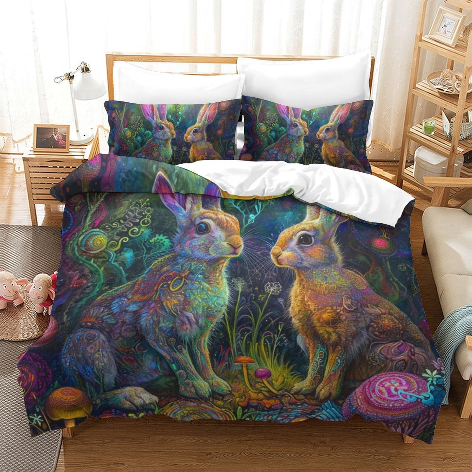 Housse de couette lapin fermeture éclair literie lit double 220x240 pour enfants