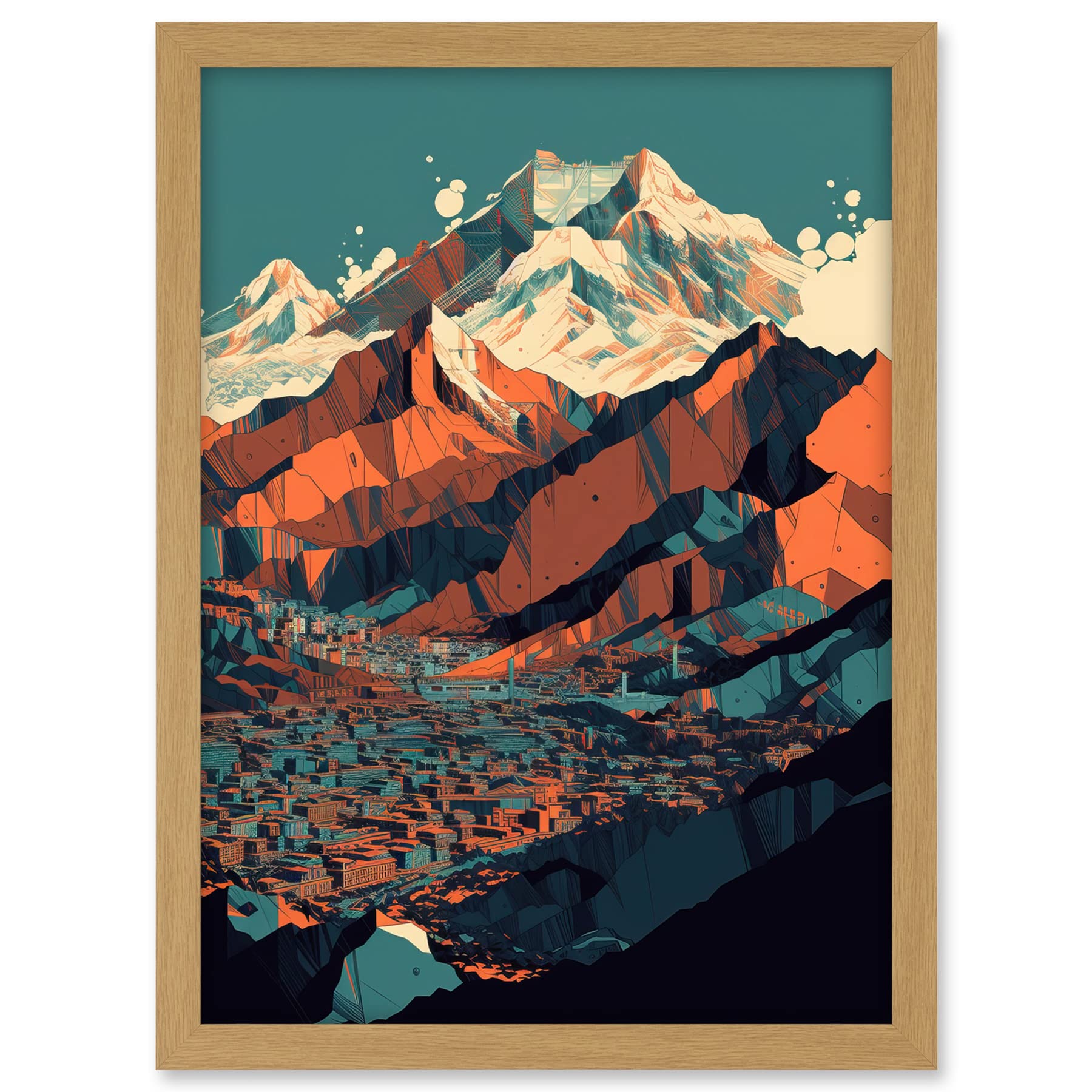 Artery8 Modern City Surrounded by Tall Mountains Landscape Artwork Framed A3 Wall Art Print
