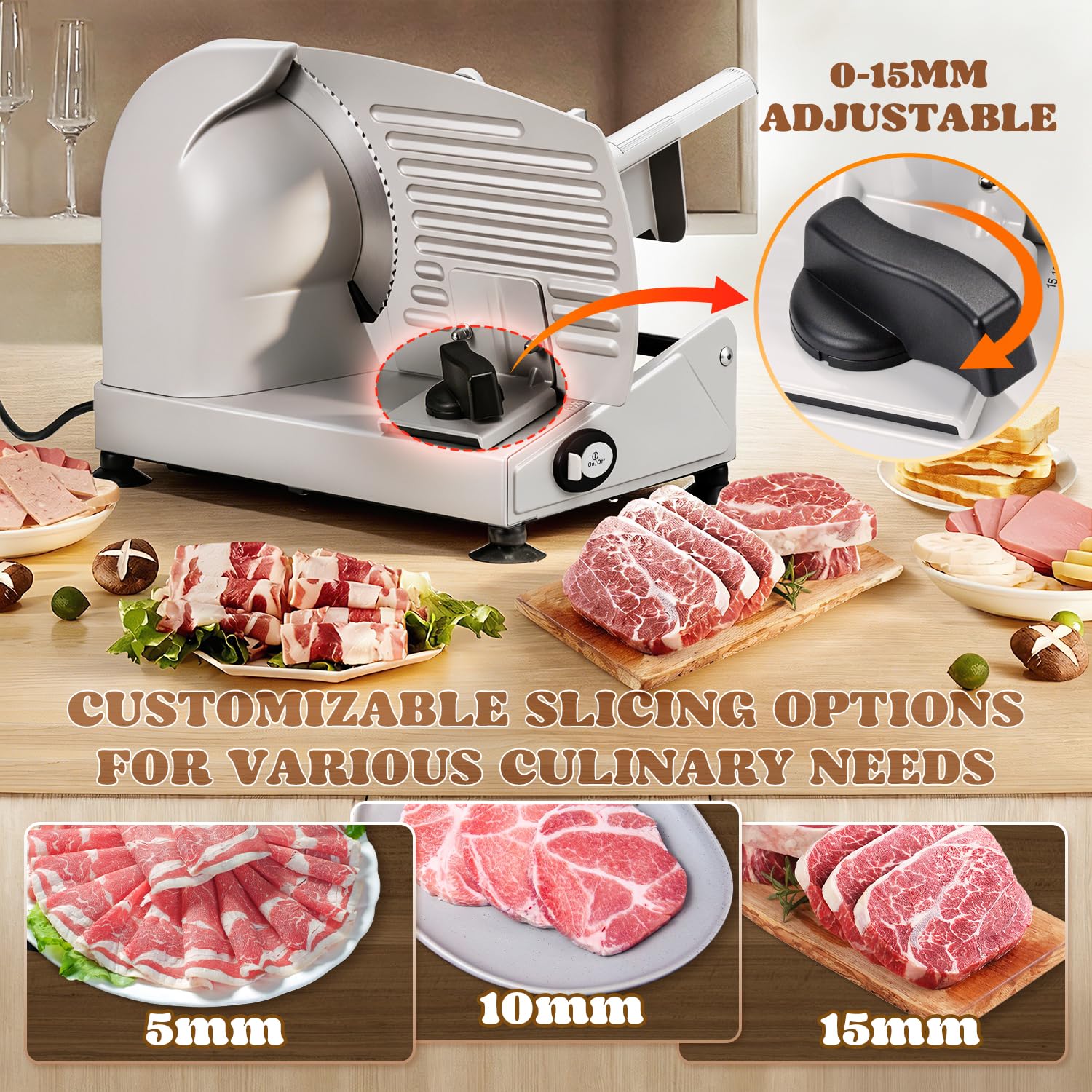 Moongiantgo Trancheuse Électrique à Jambon 200W Lame Acier Inox 19cm Réglage 0-15mm