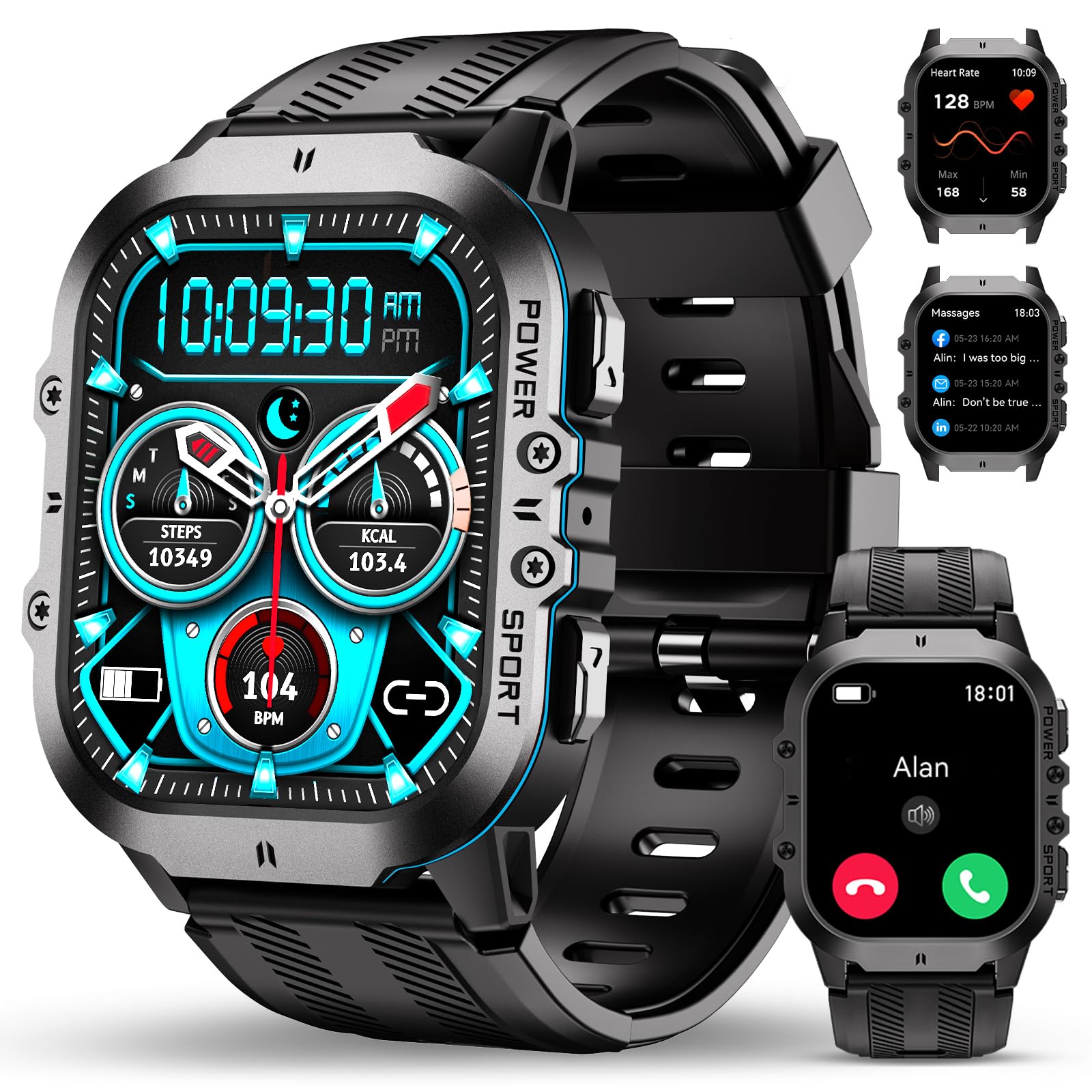 OUKITEL BT20 Military Smart Watches for Men(Answer/Make Calls), 1.96'' Fitness Smart Watches for Android/iPhone, Waterproof Smart Watch with Blood Pressure/Heart Rate/100+ Sport Modes, Watches for Men