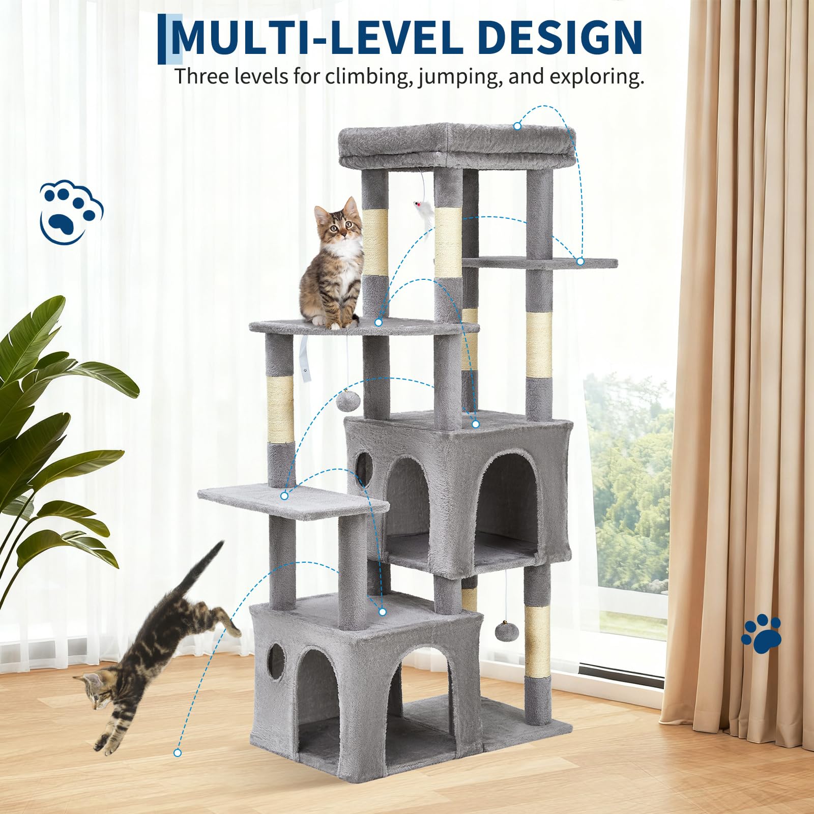 GarveeHome Torre Rascadora para Gatos Grandes - Árbol De 156 cm con 7 Postes De Sisal Natural, Plataforma Extra Grande y 2 Casas, Estructura Robusta para Maine Coon y Gatos Pesados - Gris