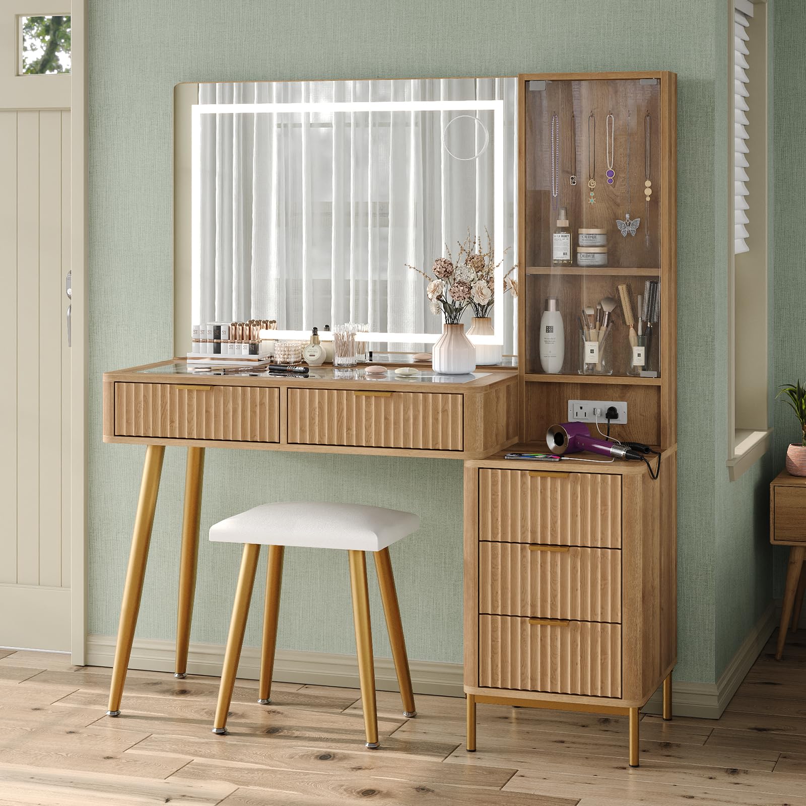 47.2'' Fluted Makeup Vanity with LED Mirror, 5 Drawers Vanity Desk with Charging Station, Jewelry Storage Cabinet, 3 Lighting Modes, Glass Top Vanity with Chair for Bedroom, Natural