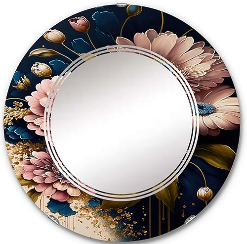 Burgundy and Blue Daisy Bunch I- Vanity Mirror, Bathroom Mirrors, Wall Mirrors for Living Room, Bedroom - Round Mirror - Large 24'x24', 32'x32'