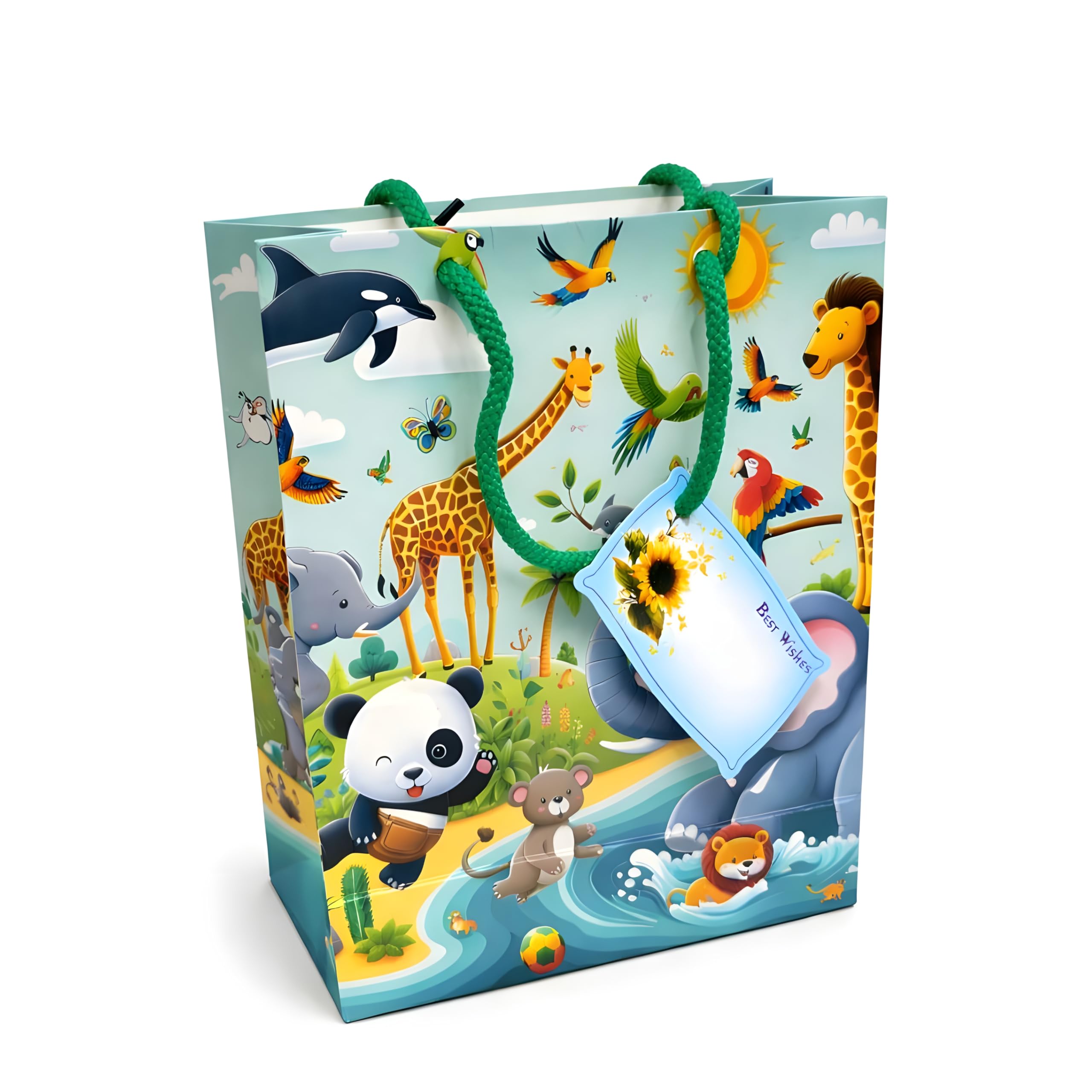 NAYASHI Jungle Animal Theme Paper Gift Bag – Matte Finish, Colorful Wildlife Print, Green Rope Handles, 10 x 8 x 4 Inch Medium Size for Kids Party (Set Of 5)-image-29