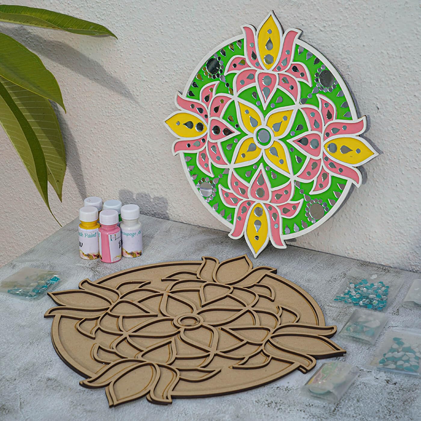 American Elm Colourful Lotus MDF DIY Festive Rangoli Kit – 25.4 cm Reusable Floor Decor Stencil for Diwali, Home Decoration & Indian Traditional Art Craft
