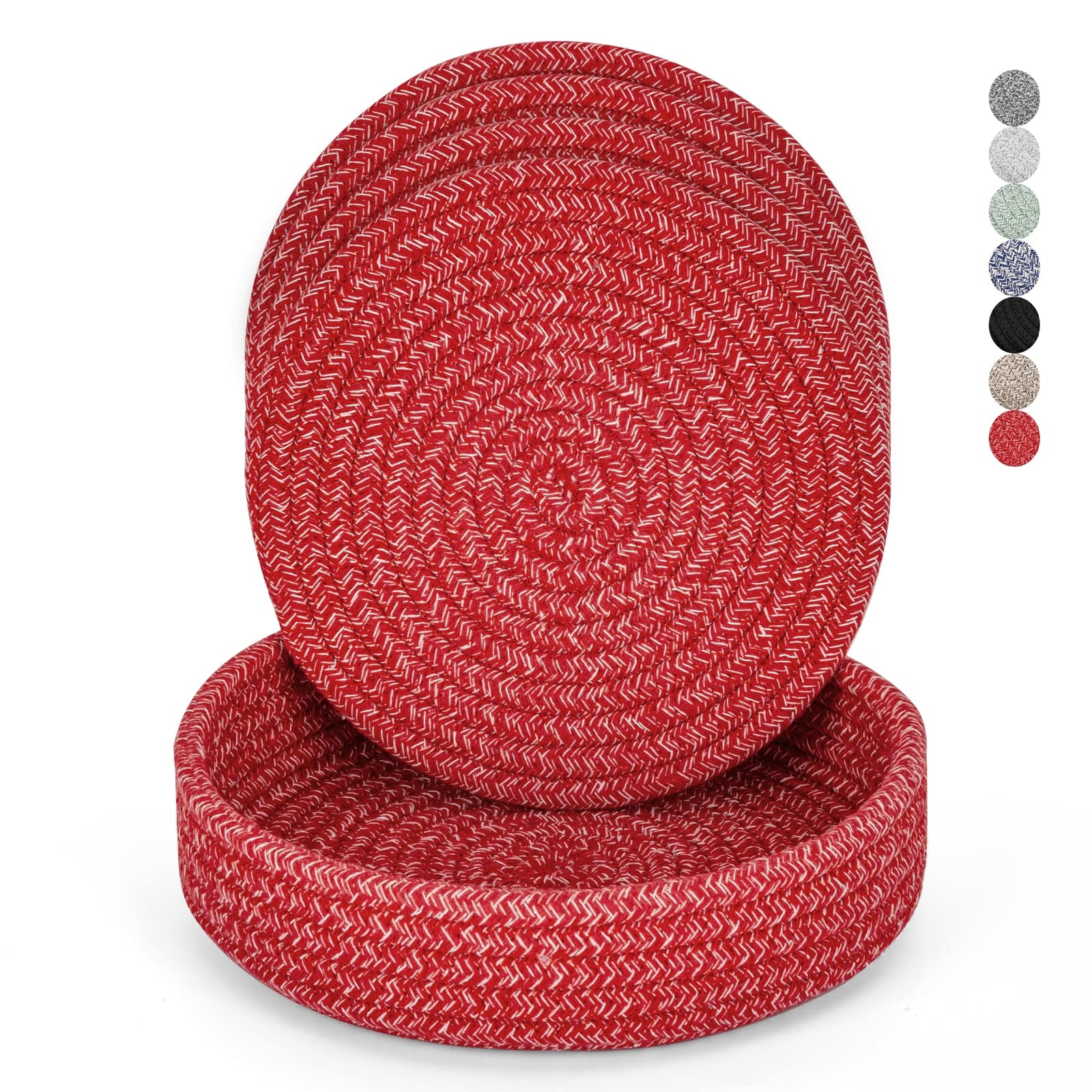 Trivets for Hot Dishes, Pots and Pans, Hot Pads with Storage Basket, Pot Holders for Kitchen, Heat Resistant Mat Protect Counter Home Essentials, Farmhouse Decor (Red 4 PCS)