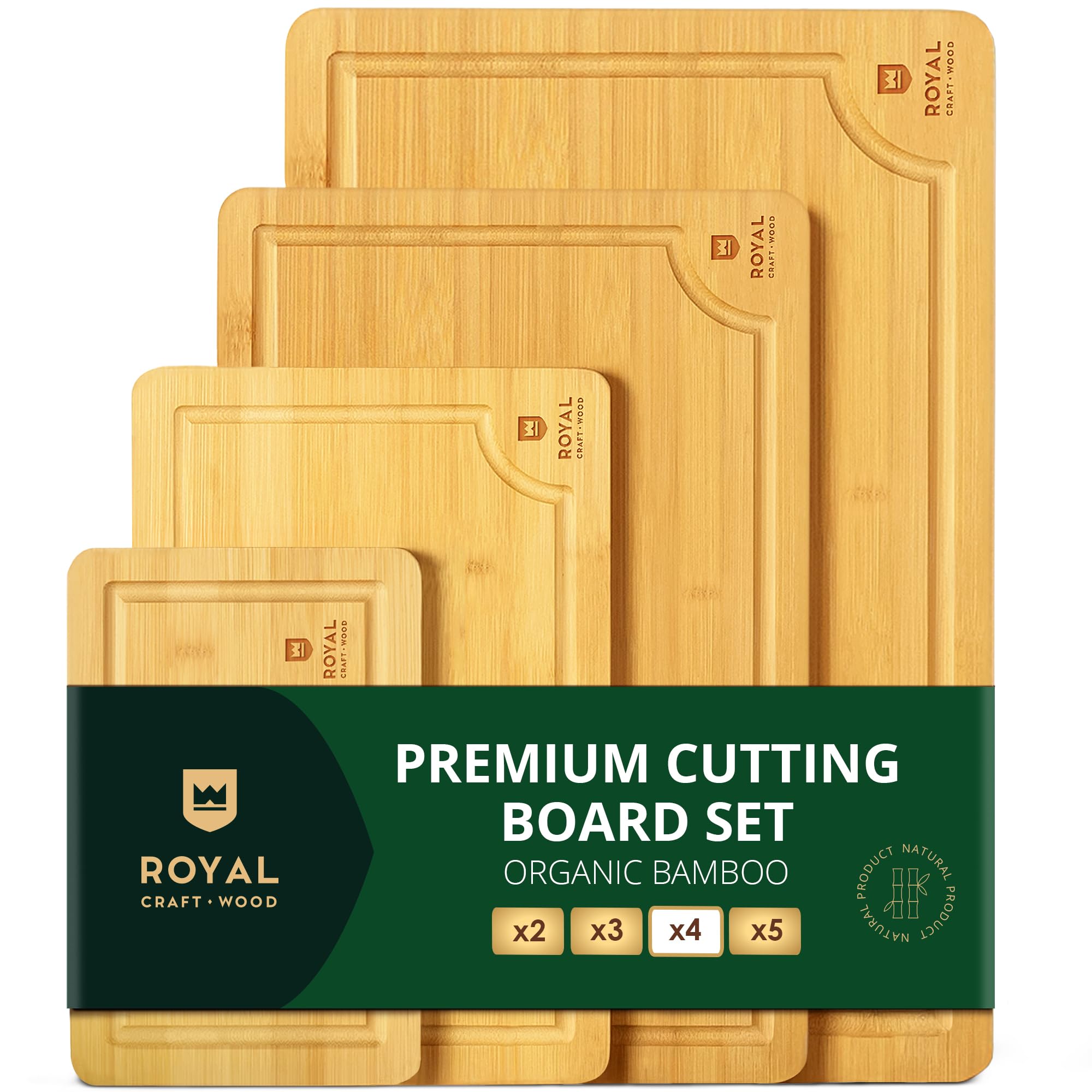 ROYAL CRAFT WOOD Wooden Cutting Boards for Kitchen Meal Prep & Serving - Bamboo Wood Serving Board Set with Deep Juice Groove Side Handles - Charcuterie & Chopping Butcher Block for Meat