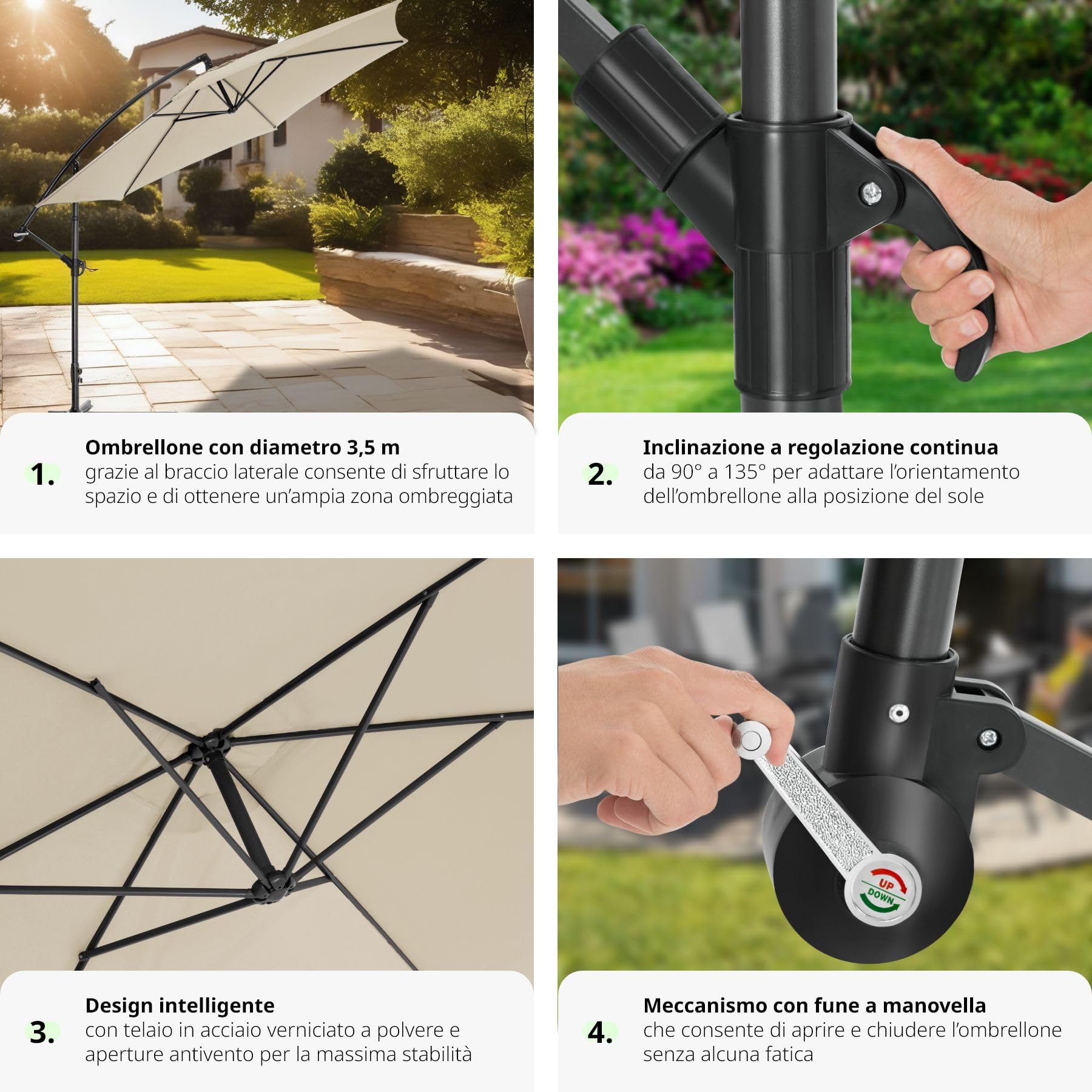 tectake® Ombrellone da Esterno con Robusta Struttura di Sostegno, Inclinabile, Idrorepellente, Resistente ai Raggi UV, Custodia Ombrellone da Giardino Inclusa