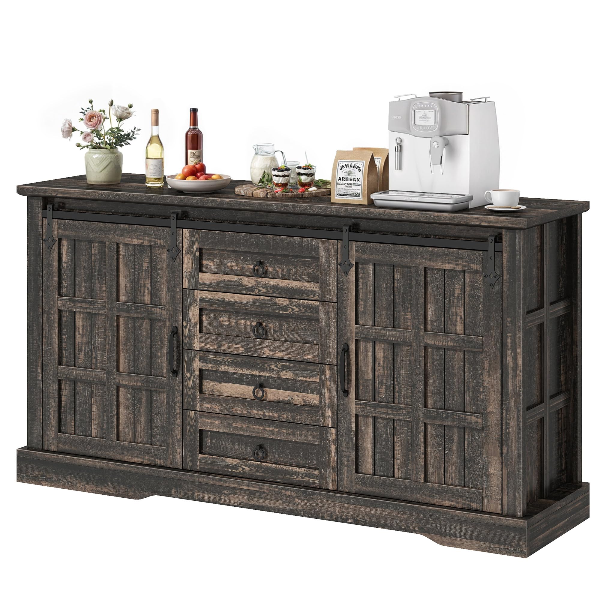 YITAHOME Sideboard Buffet Cabinet Farmhouse, 59" Bar Buffet Wooden Cabinet Kitchen Pantry, 4 Drawers, 2 Slide Barn Doors, Storage Cabinet with Shelves, Huntch for Entryway, Rustic Dark Oak