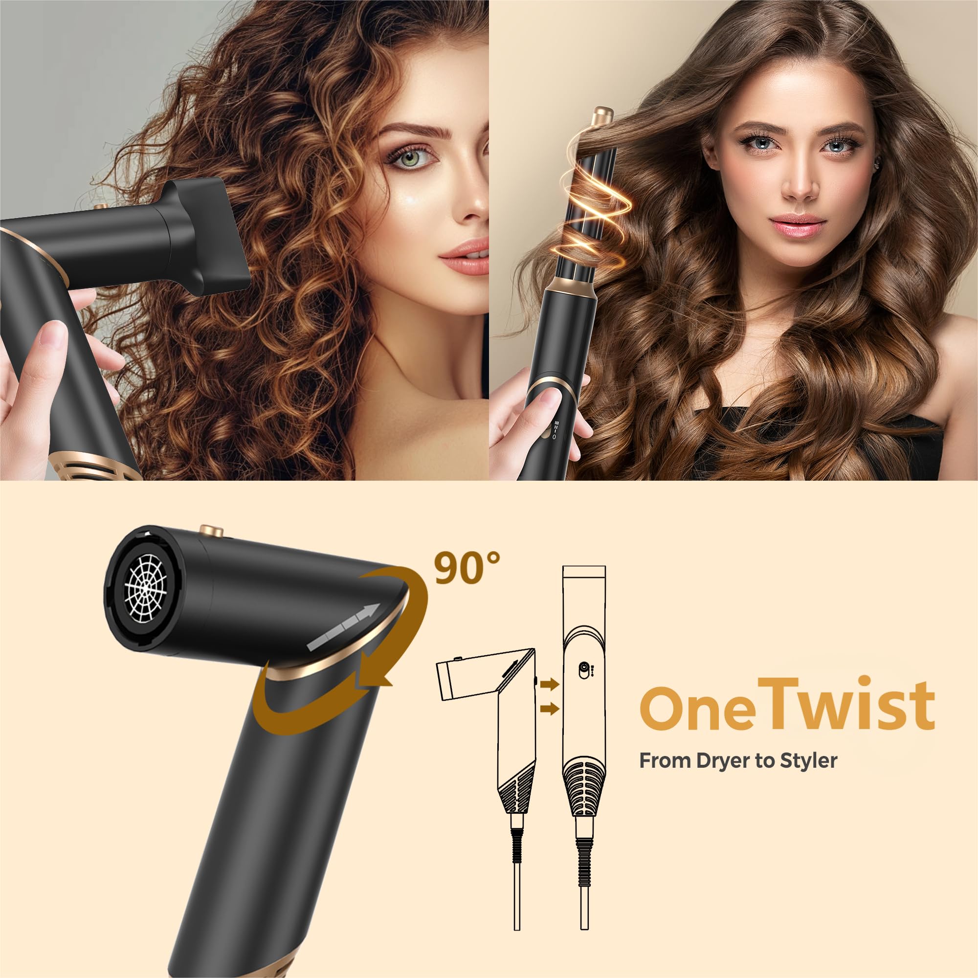 UKLISS Air Styler 5 en 1 Cepillo Secador de Pelo & Moldeador Pelo Airstyler Ionico Cepillo Moldeador de Aire Pelo Secador Pelo Cepillo Hairstyler para el Secado y Rizador Pelo Kit, Negro/Oro