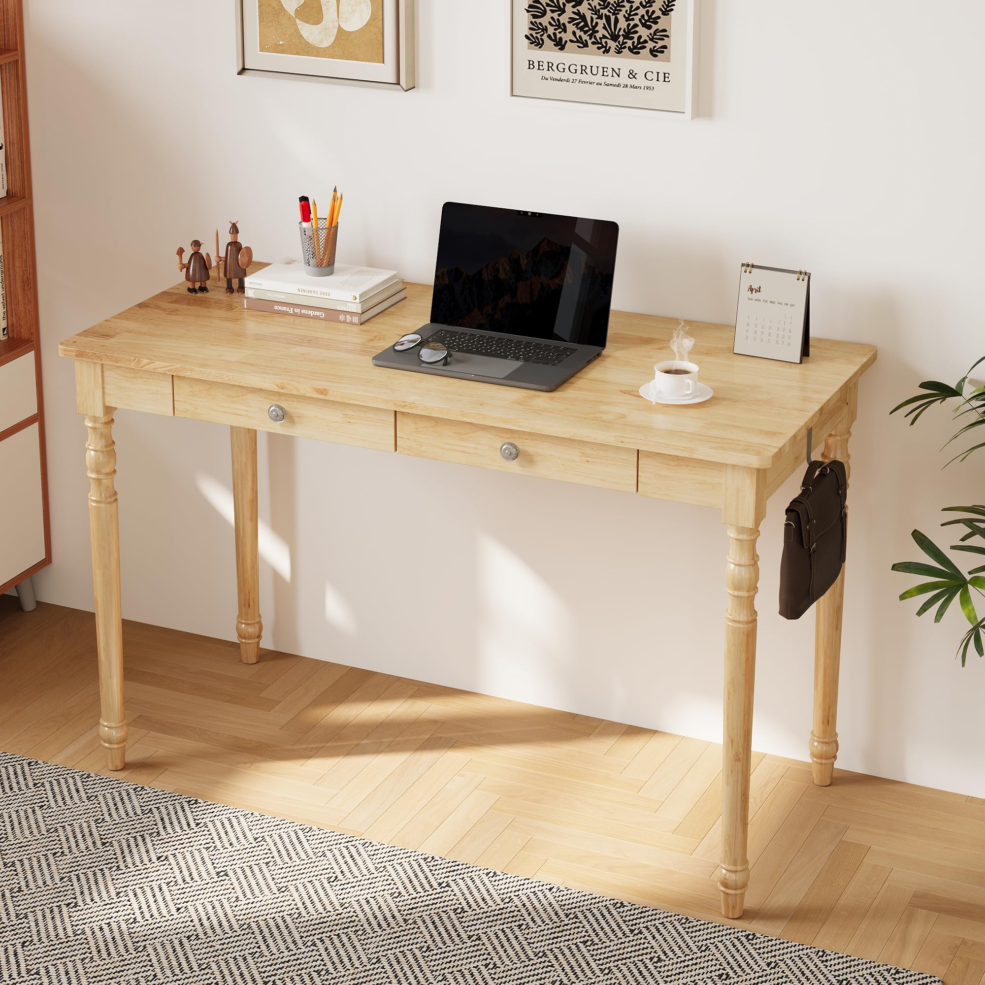 ENPKLUTE 48 Inch Mid Century Modern Desk - Rubber Wood Desk with Drawers, Mid Century Desks for Bedroom, Living Room & Office, Natural Boho Desks