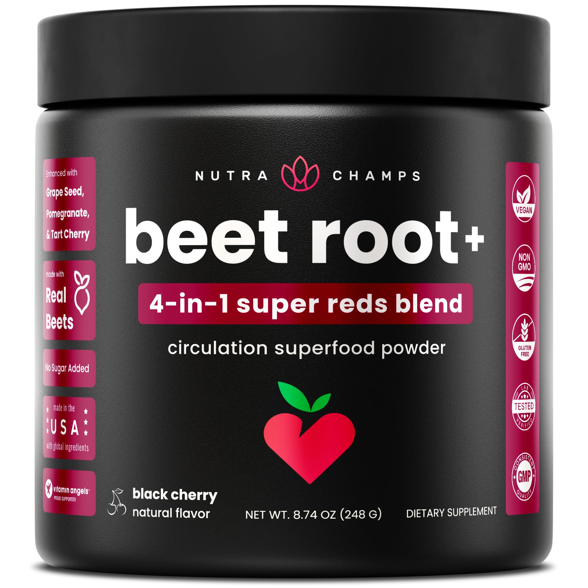 NutraChamps Beet Root Powder Circulation Supplement, Superfood Powder Nitric Oxide with Beetroot Juice, Super Reds & Grape Seed Extract, No Sugar Beet Supplement - 8.74 Oz