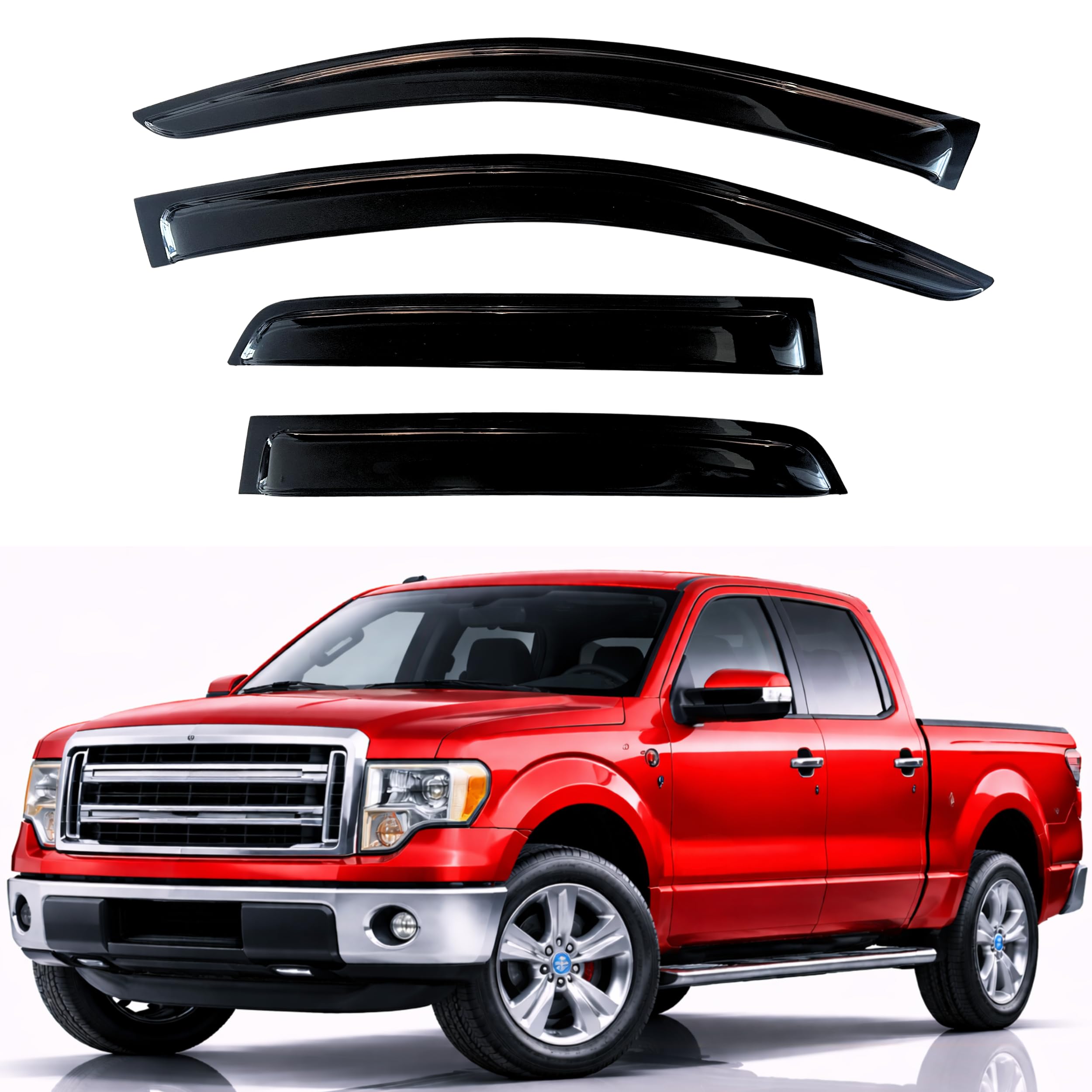 KPY Rain Guards Fit for 2009-2014 Ford F150 SuperCrew, Out-Channel Window Visors Vent Wind Deflectors 4PC, Truck Accessories for 2010-2014 Ford F-150 Raptor Crew Cab (Full-Size Cabs Only)