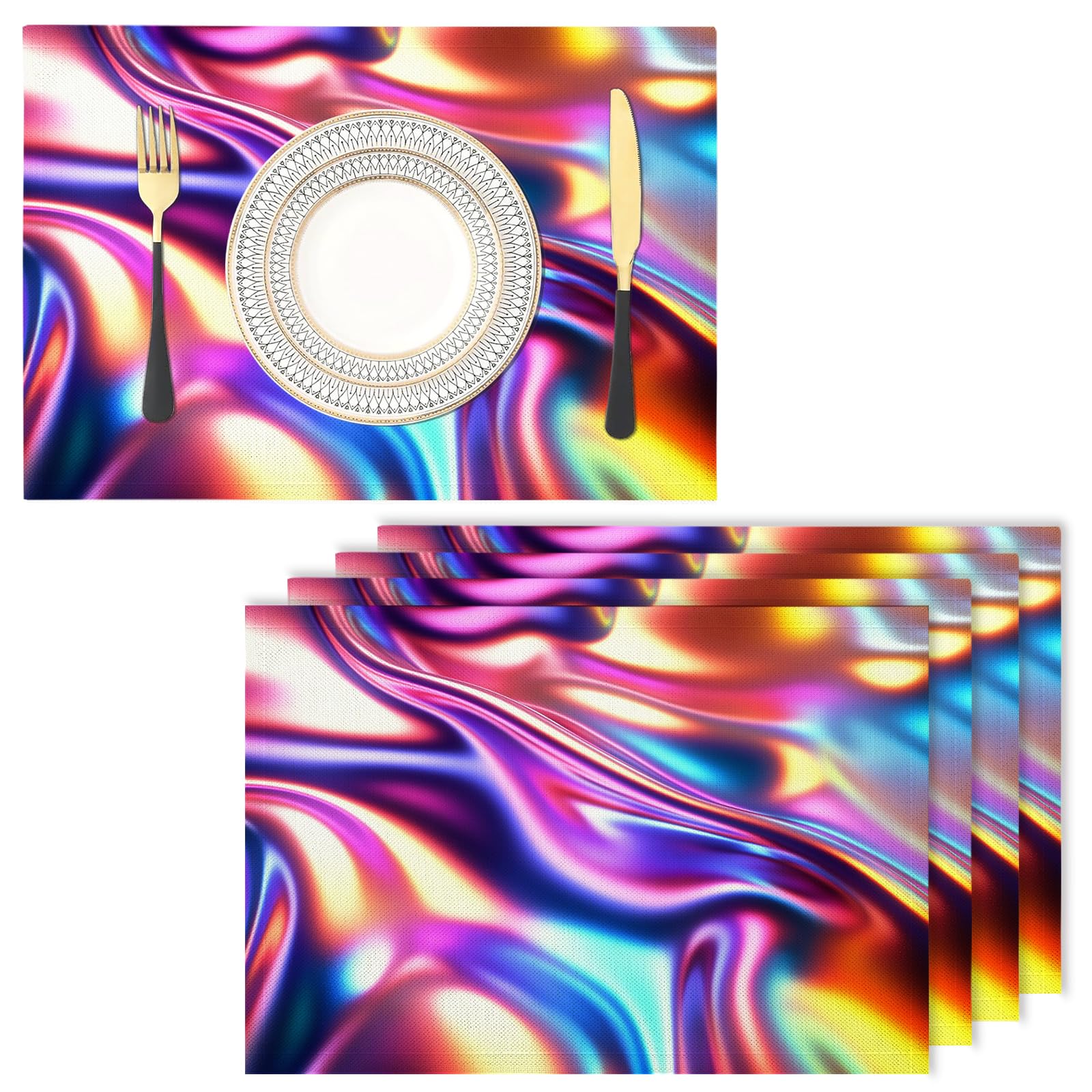 Placemats Washable Set of 6-30 x 45 cm abstract Placemats, wave Cotton Linen Hemstitch Place Mats for Table, Kitchen, Dining