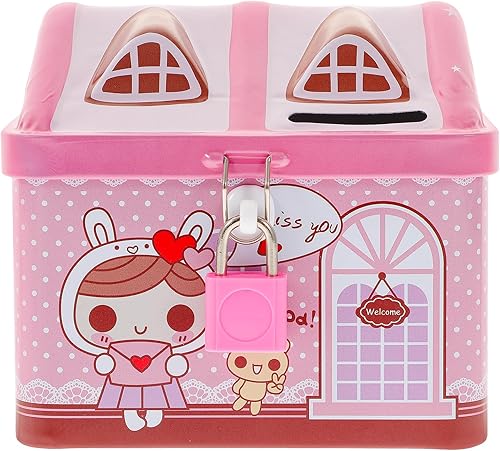 Miniatura 7 de Alcancía con forma de casa con cerradura para monedas de ahorro de dinero, juguetes de metal caja de almacenamiento de lata para niños y niñas