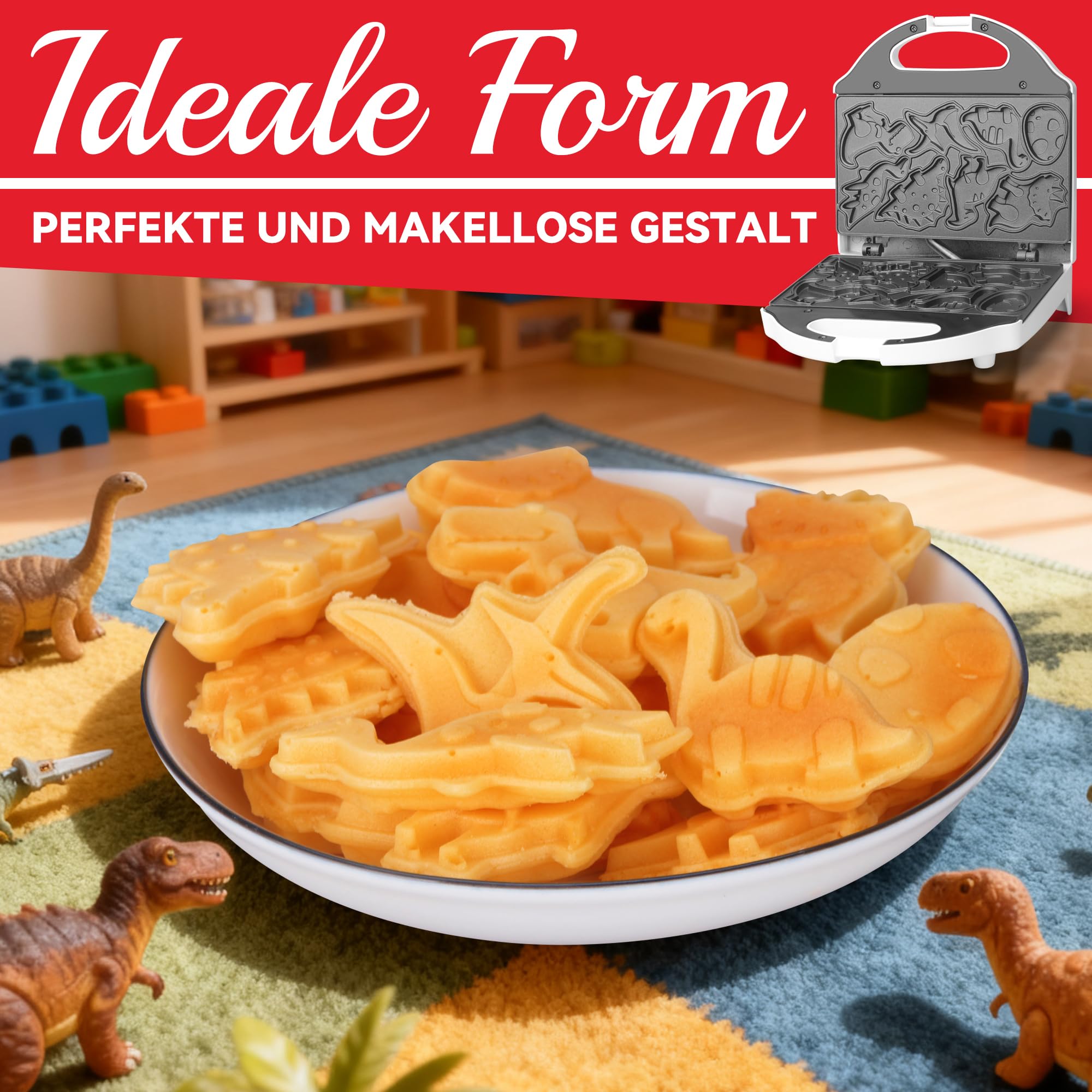 SugarWhisk Mini Waffelbacker Mit Dino-Motiv, Waffeleisen Klein für Kinder, Süß Mini Waffeleisen Kinder, Dino Gerät zum Waffeln Backen, 8 verschiedene Dinosaurier-Motive, Weiß