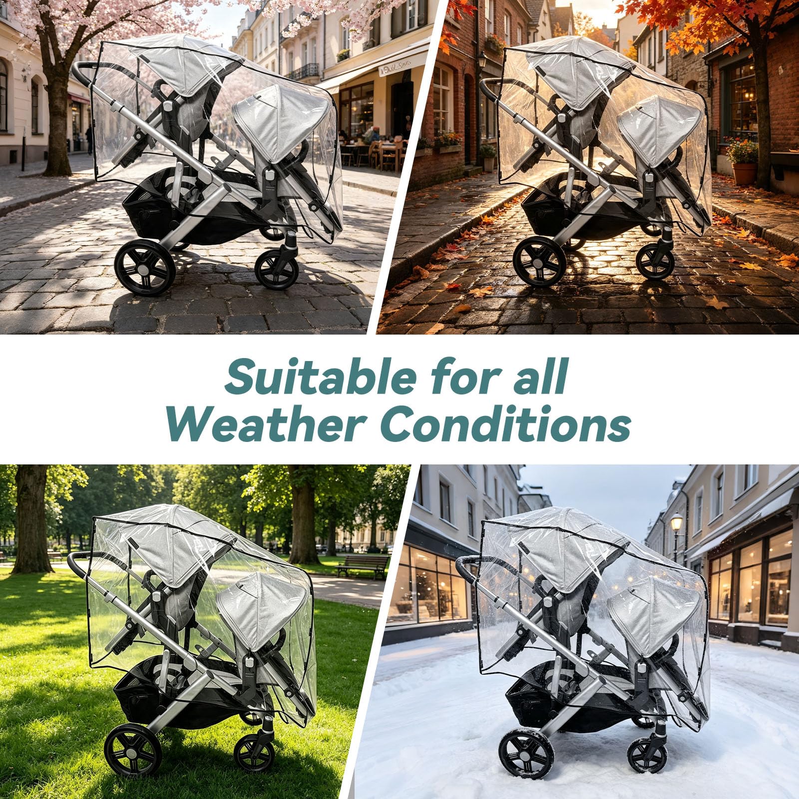 Parapioggia per passeggino doppio compatibile con UPPAbaby Vista V2/V3, sistema con sedile a rombo, protezione antivento trasparente con fori di ventilazione e copertura completa