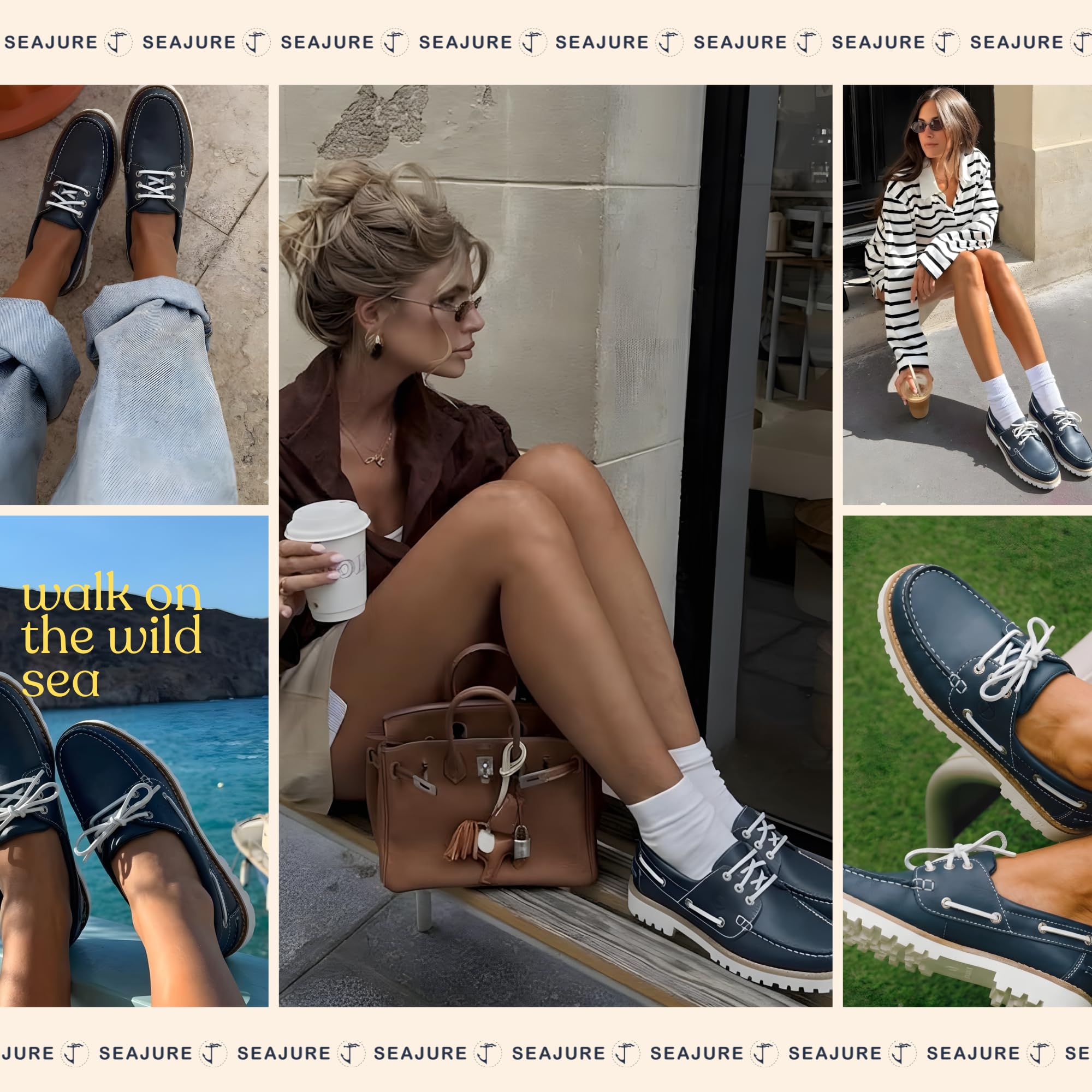 Seajure Sibang Bootsschuhe Damen Leder, Handgefertigte Segelschuhe und Mokassins, rutschfeste Gummisohle, Bequeme Maritime Sommer Slipper, Leichte Echtleder Schuhe in Marineblau/Weiß