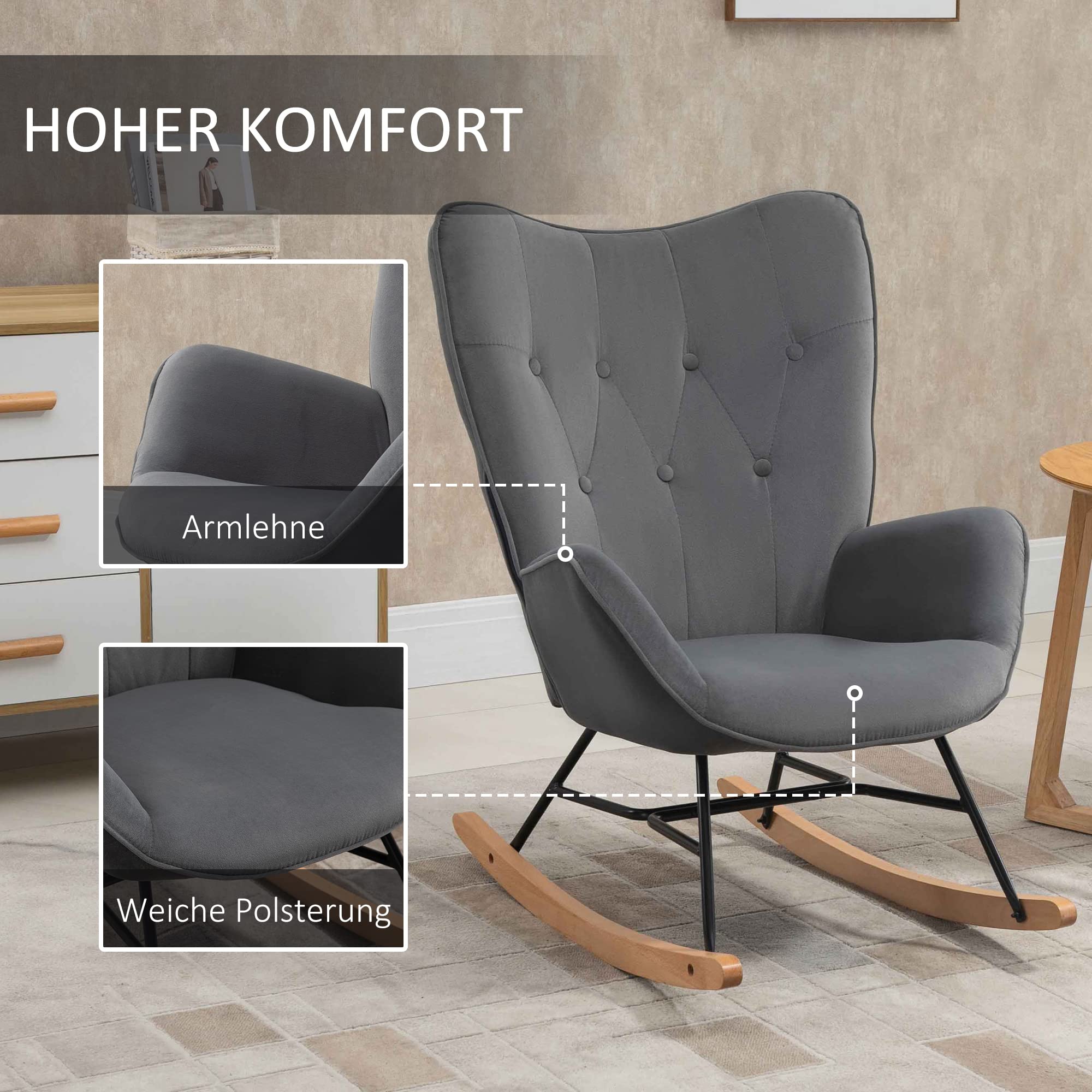 HOMCOM Schaukelstuhl Schaukelsessel mit Rückenlehne, Holzkufen, Sessel, Relaxsessel mit Samtoptik Schwingsessel Relaxstuhl für Wohnzimmer, Schlafzimmer, Balkon Dunkelgrau