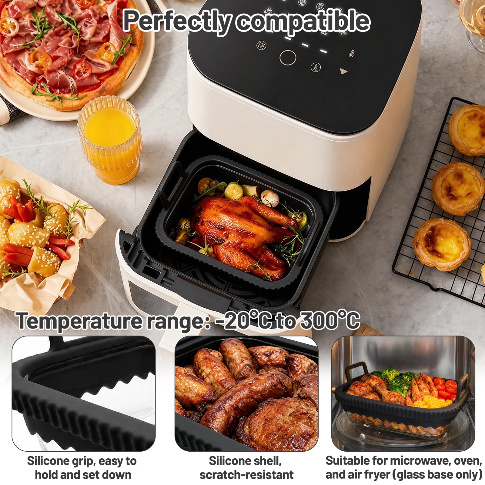 Glas Auflaufform für Ninja Heißluftfritteuse Zubehör AF400EU AF500EU – Hitzebeständig, Kratzfest, Spülmaschinenfest, BPA-frei, mit Silikongriffen, passend für COSORI 2 Kammern (Schwarz)