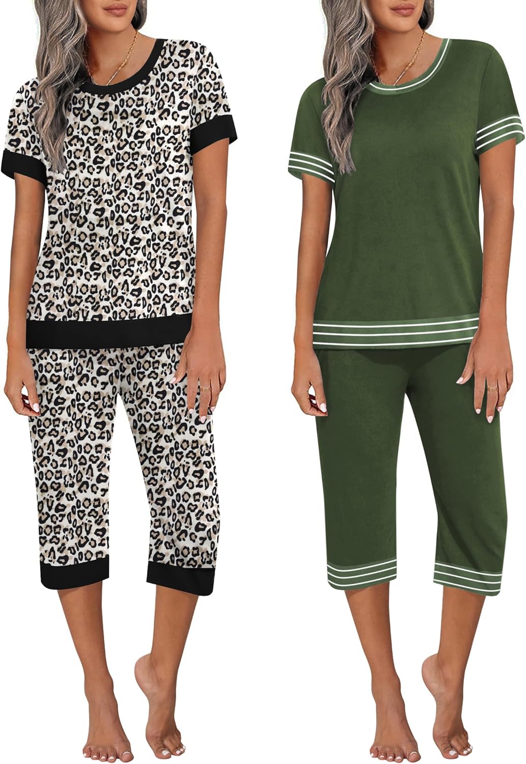 Ekouaer Women's Pajama Sets Short Sleeve Sleepwear Round Neck Pj Loungewear Top and Capri Pants with Pockets