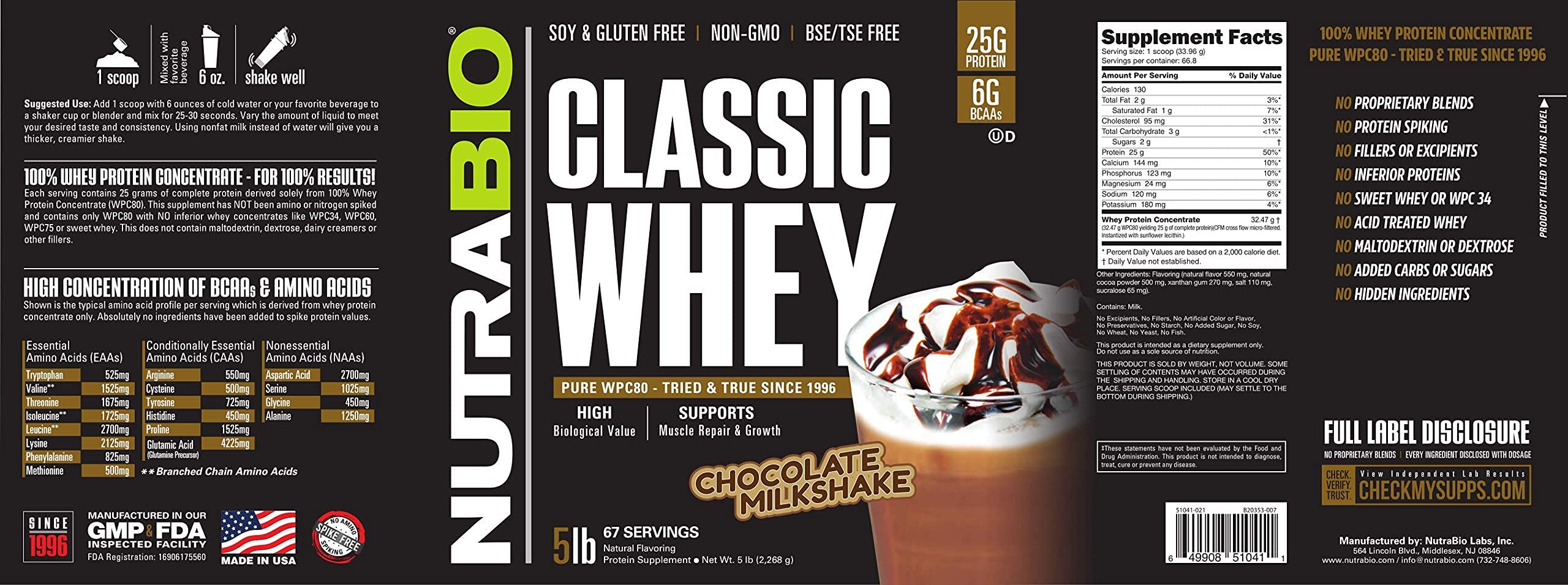 NutraBio Classic Whey Protein Powder 25G of Protein Per Scoop Full