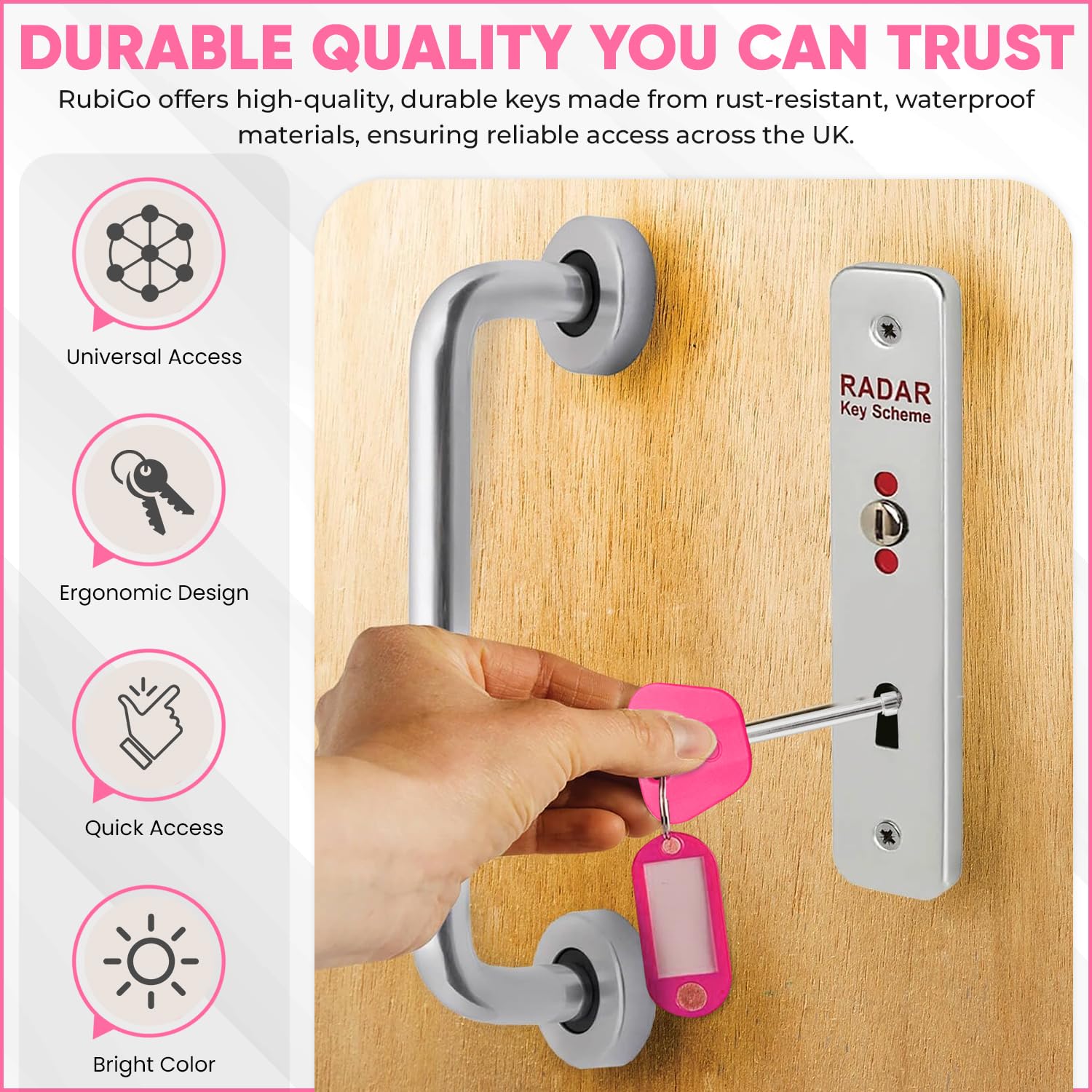 3PK Radar Key for Disabled Toilets UK - 4 Colours - Disabled Toilet Keys with 'Just Can't Wait' Card RubiGo (Pink) - Image 2