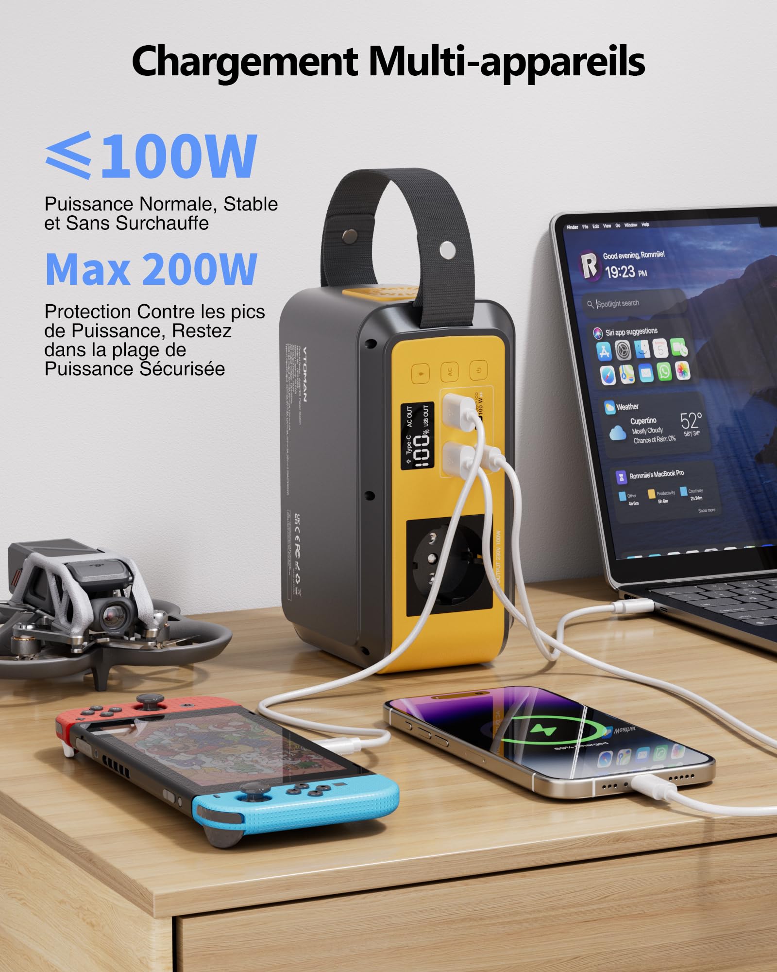 VTOMAN Jump 100 station portable, 89,6Wh LiFePO4, 100W CA charge PD 65W | Cellules LiFePO4 sûres durables, charge multi-appareils, design compact, camping et secours