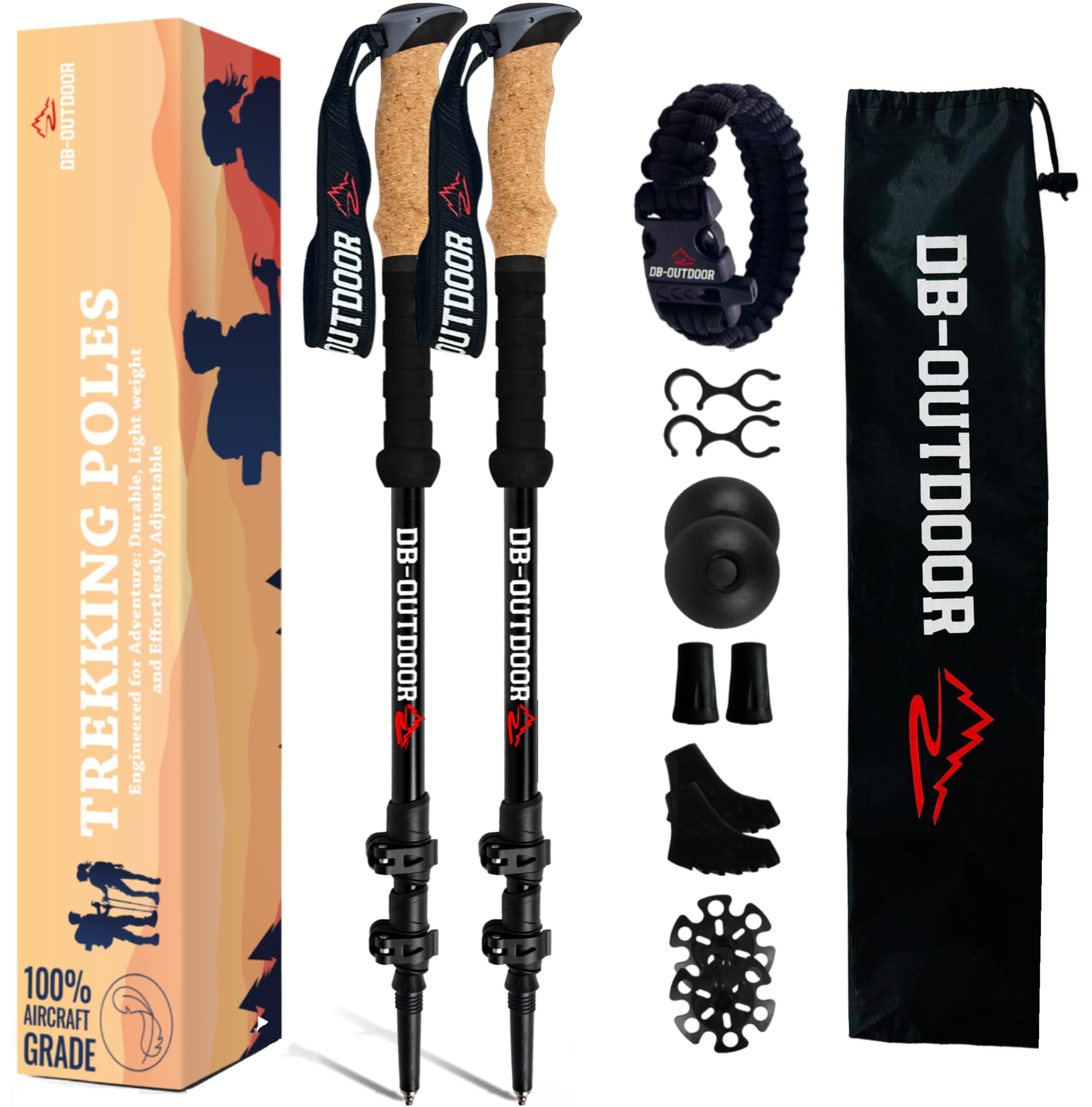 Trekking Hiking Walking Poles Women and Men - 2 Ultralight 7075 Aluminum Collapsible Hiking Sticks for Men, Natural Cork Grip & Metal Flip Lock Nordic Walking Poles for Seniors