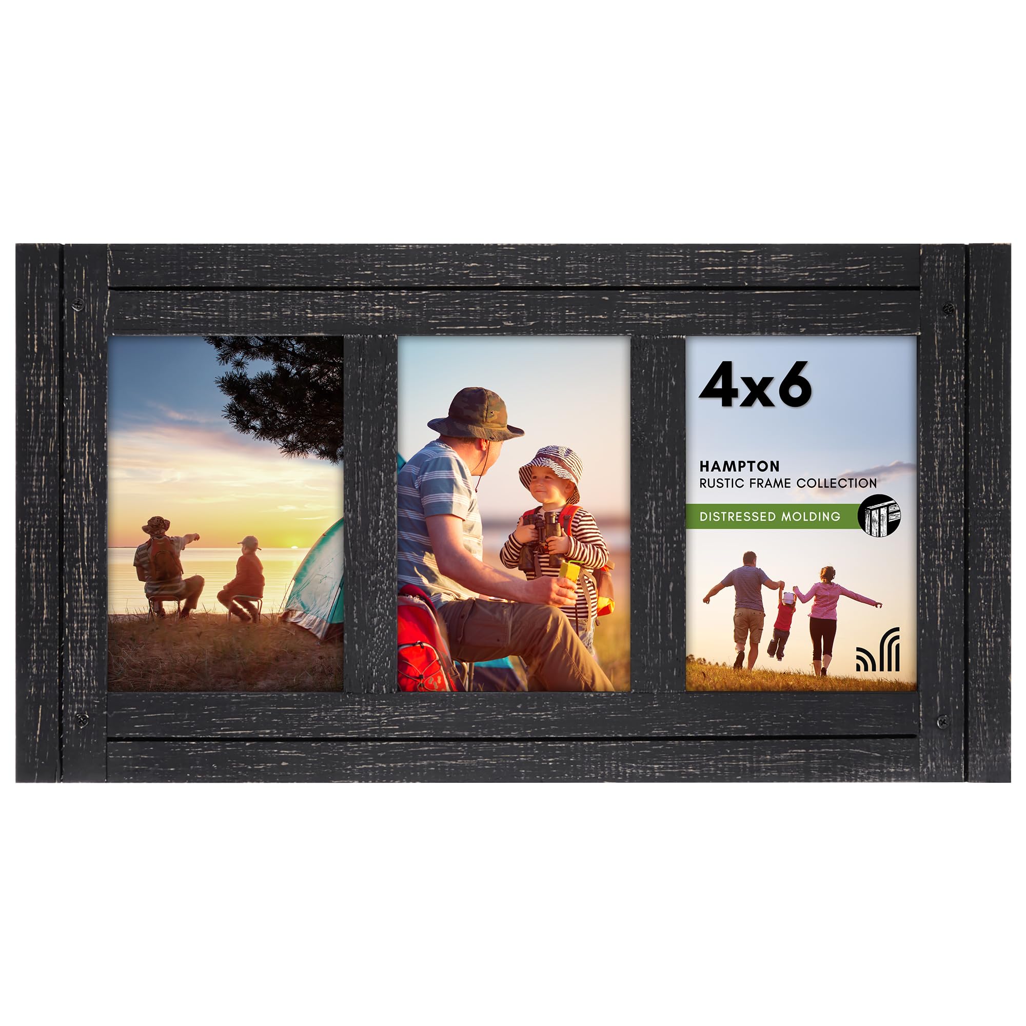 Americanflat Kömür Siyahı 4x6 Üçlü Resim Çerçevesi - Aile Fotoğrafları ve Duvar Kolajı için Şövale ve Cilalı Camlı Eskitilmiş Ahşap Dekoratif Resim Çerçeveleri - Duvar ve Masa Üstü için