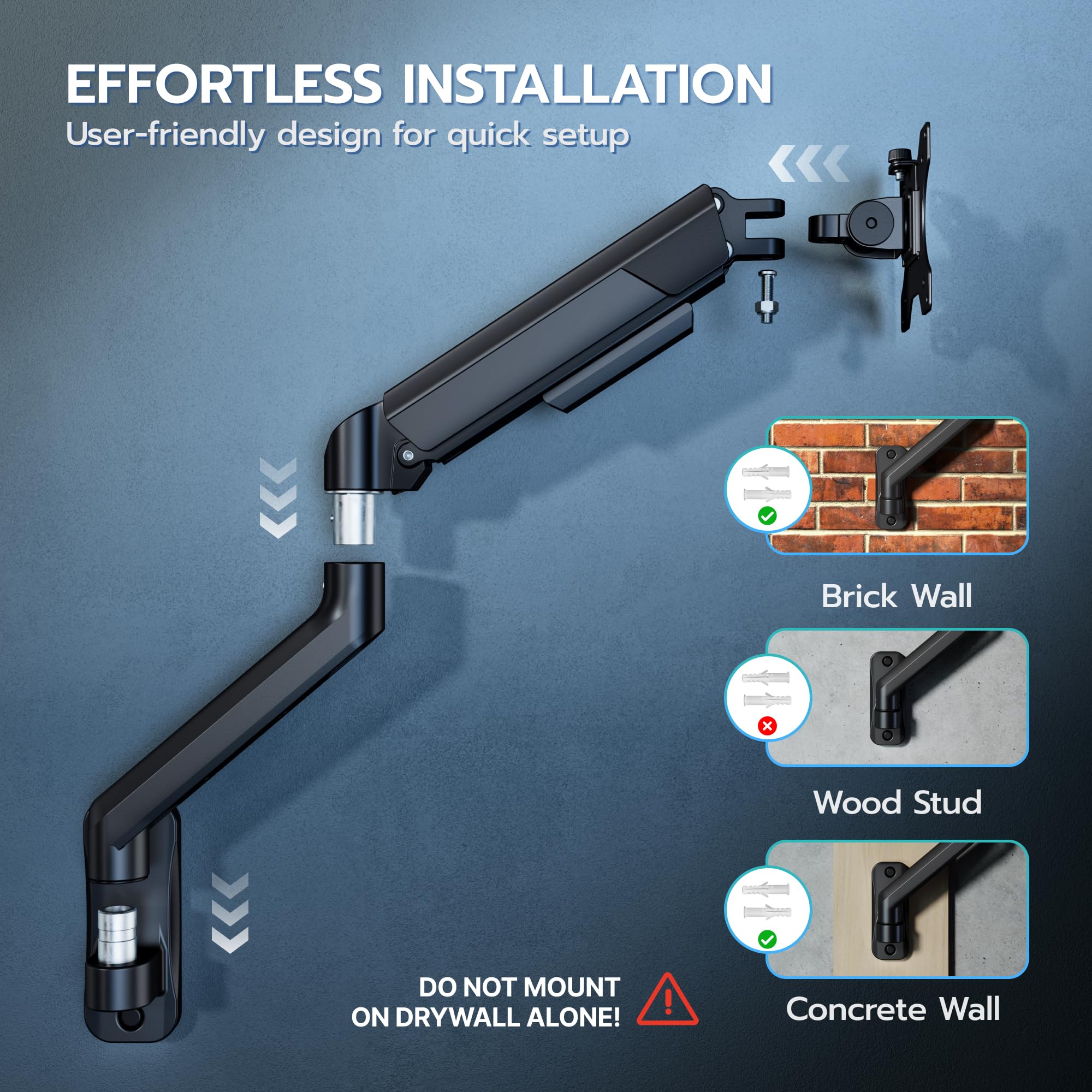 ARES WING Supporto da parete per monitor da 17-40 pollici, nero | Supporto da parete per monitor fino a 12 kg per braccio, regolabile in altezza, inclinabile, girevole, VESA 75/100 mm