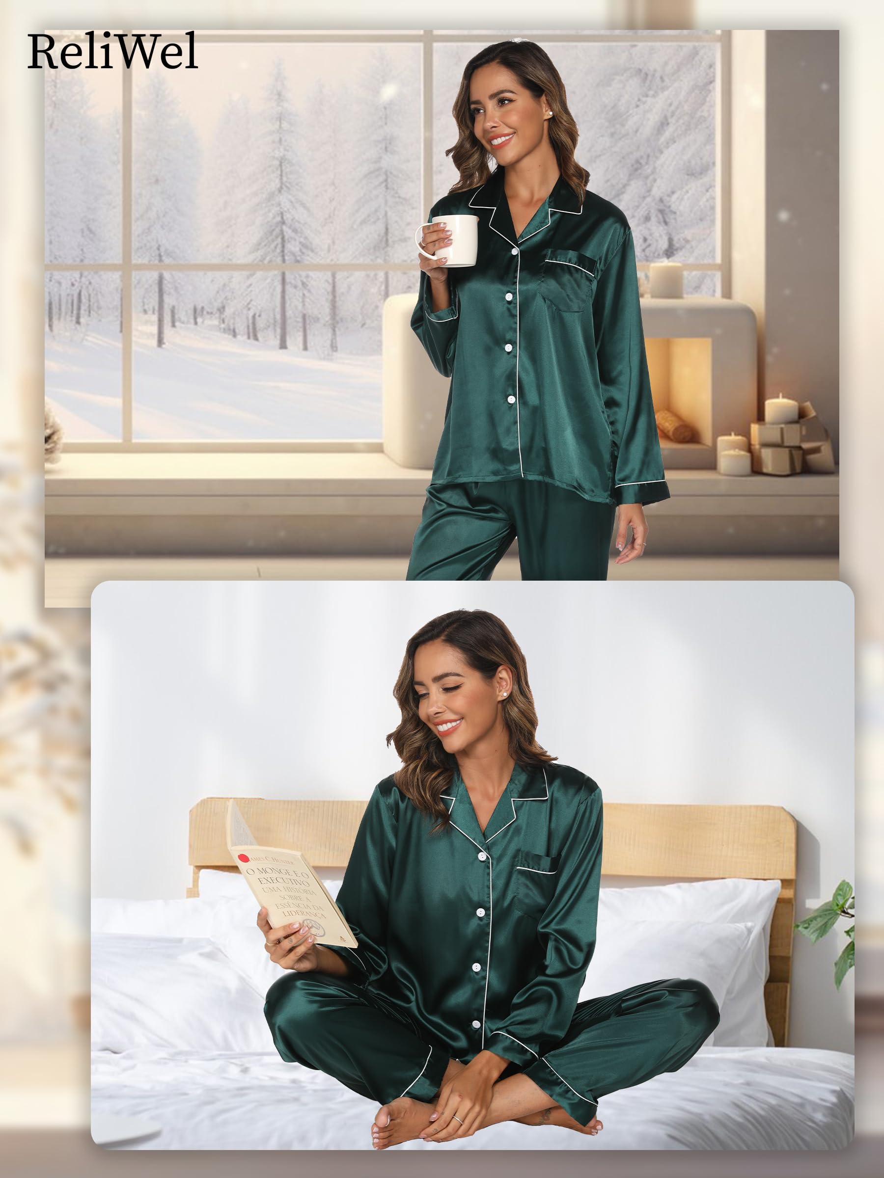 Reliwel Pigiama Donna Estivo Pigiami da Donna Due Pezzi a Maniche Lunghe Pantaloni in Raso Morbidissimo Scollo V Aperto Davanti con Bottoni e Borse Laterali