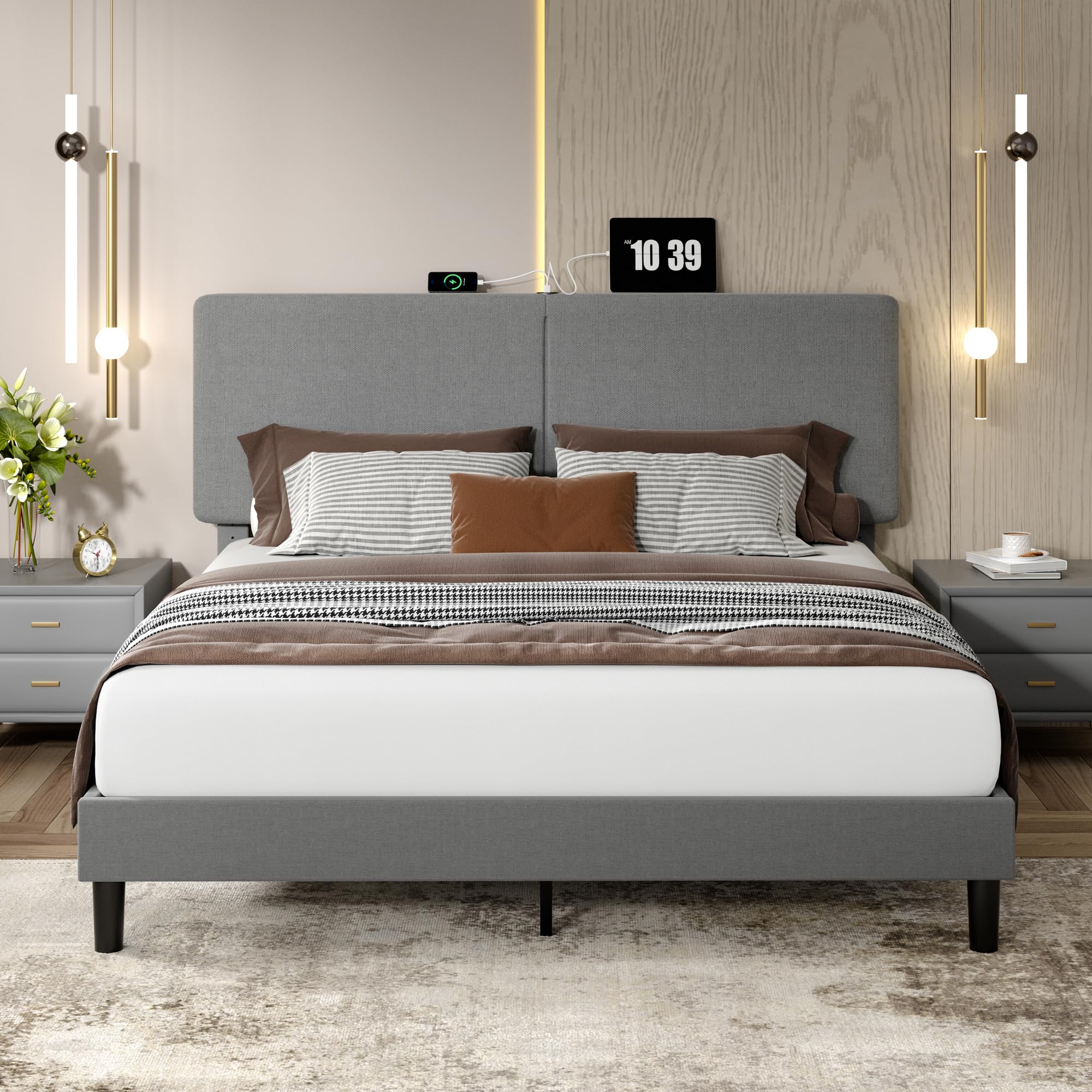 VECELO Full Size Bed Frame with Charging Station, Type-C & USB Ports, Upholstered Platform Design, No Box Spring Needed, Noise Free, Easy Assembly,