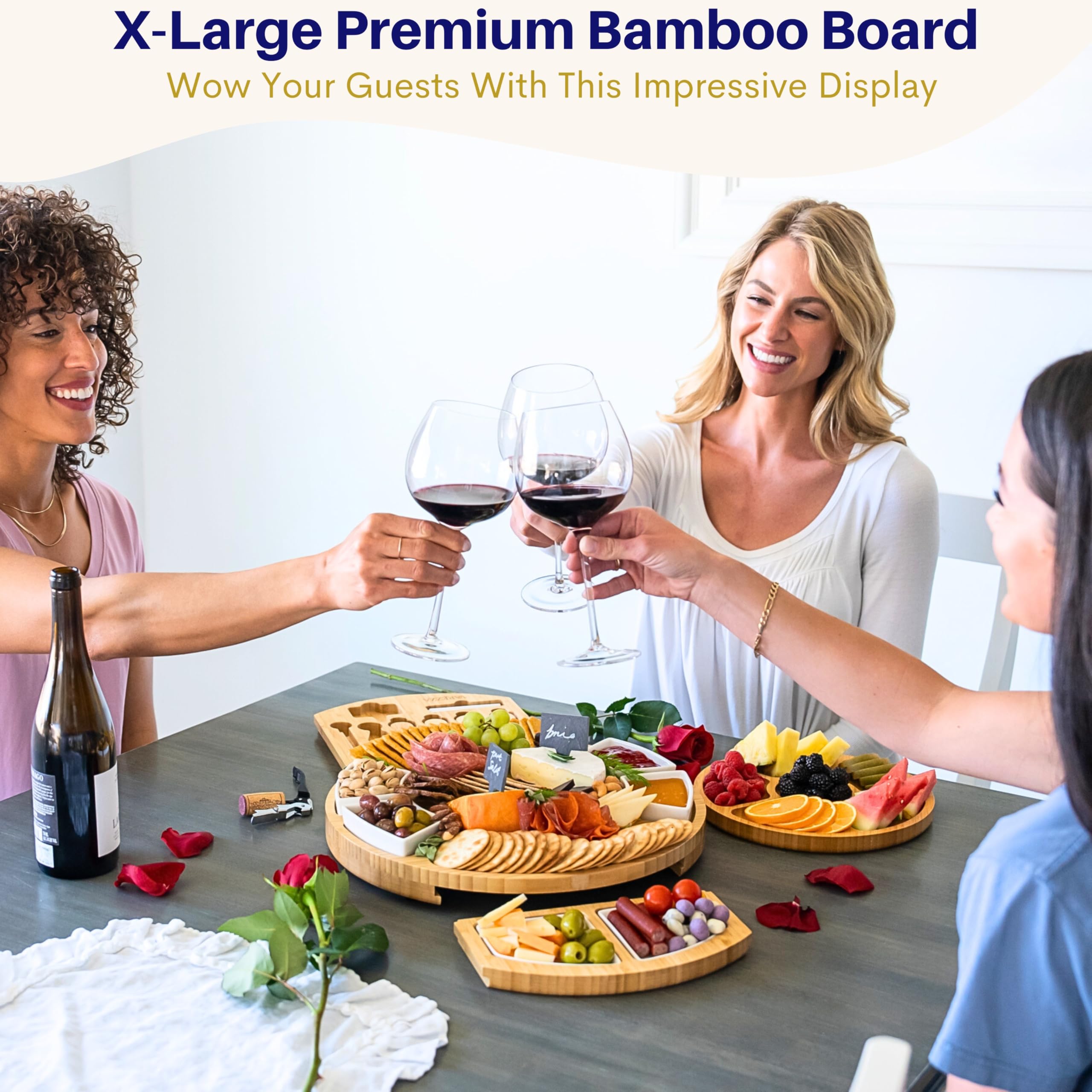 VAREZZA Juego de tablas de charcutería extragrandes: tabla redonda de bambú de 16 pulgadas y juego de cuchillos, bandeja de queso, plato de queso de frutas de bambú, 10 tablas de embutidos, regalos de