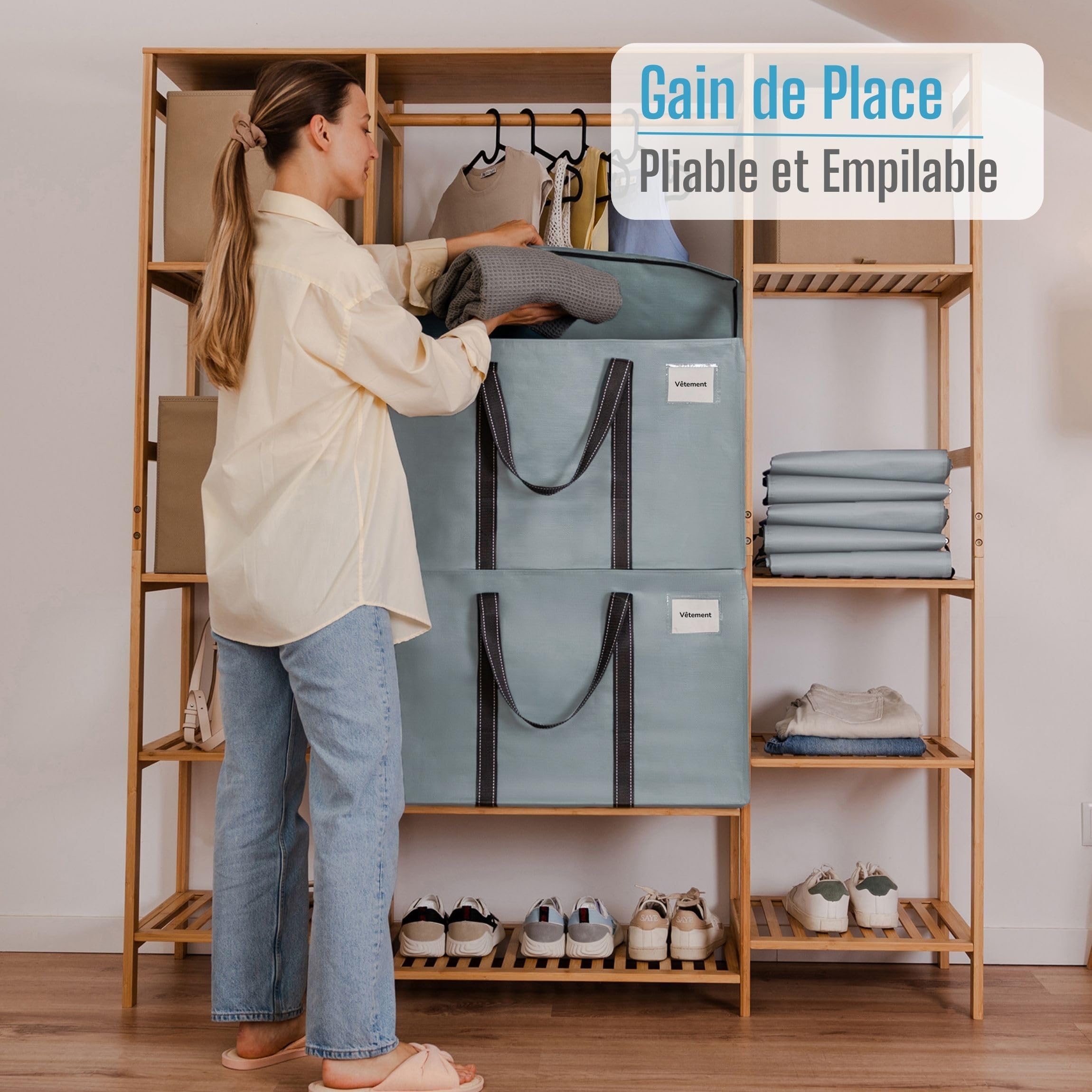 VENO 102L Lot de 10 Sac Déménagement grand avec Couvercle et Poignées Renforcées, Sac de Rangement Vêtement Résistant, Alternative aux Cartons Déménagement, Sacs de Voyage (Bleu Clair, Lot de 10)