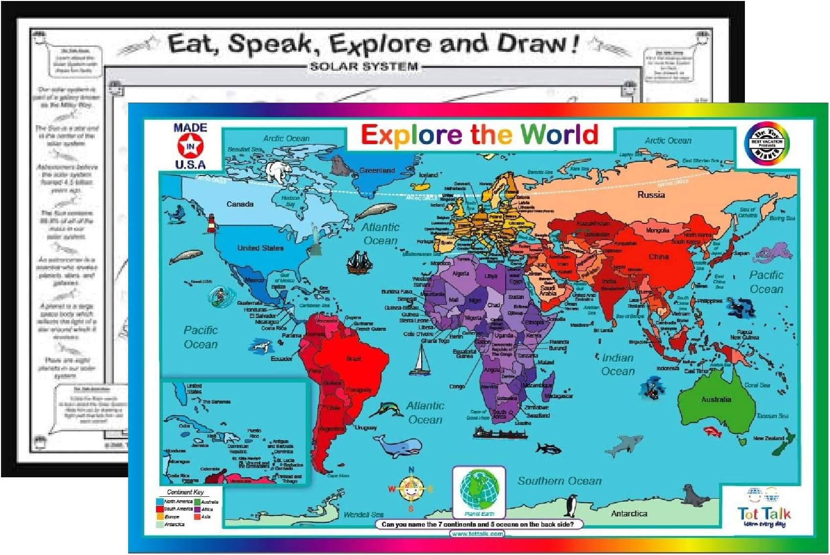 Explore the World Map Educational Placemat - Explore Continents, Oceans, & Countries – Made in USA - Blank Map on Reverse for Testing – Durable, Washable, Reusable, BPA-Free, by Tot Talk, 11.5”x17.5”