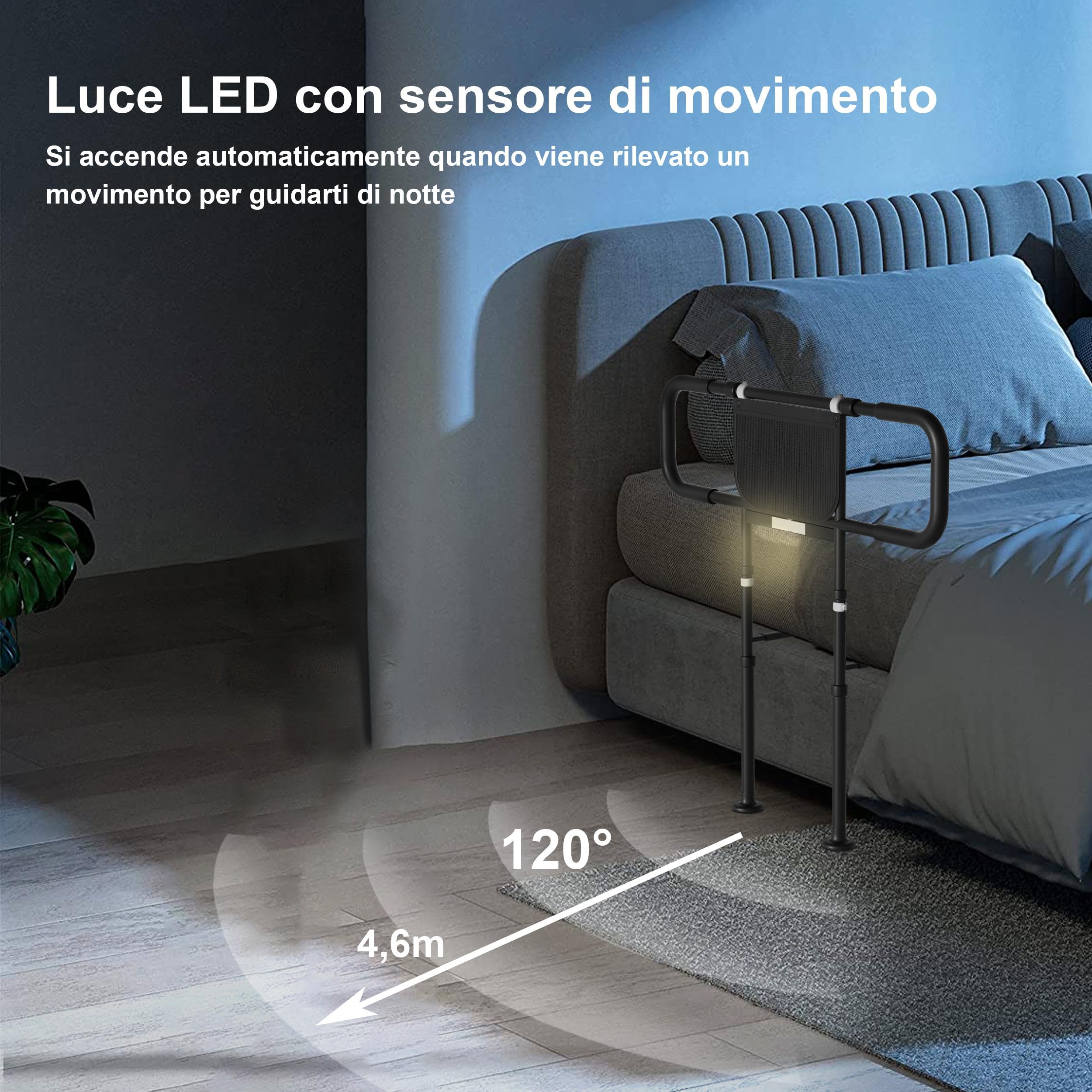 Sponda Letto Anziani Anticaduta Ausili per Alzarsi Dal Letto Regolabile in Altezza con Luce a Sensore, Supporto per Alzarsi, Sbarra di Sicurezza, Portata Fino a 180KG