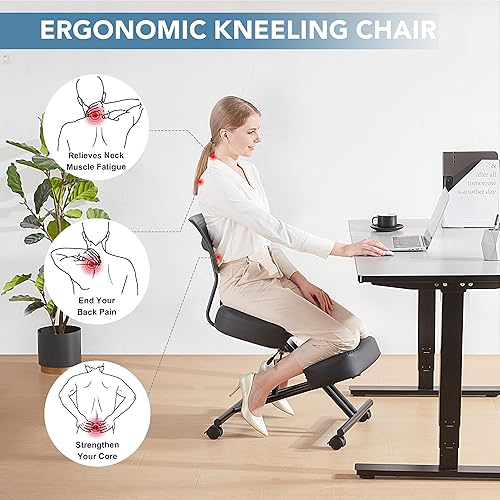 Miniatura 3 de Silla ergonómica de rodillas con soporte de espalda, silla de escritorio para oficina en casa con ruedas de freno y deslizantes, silla de postura