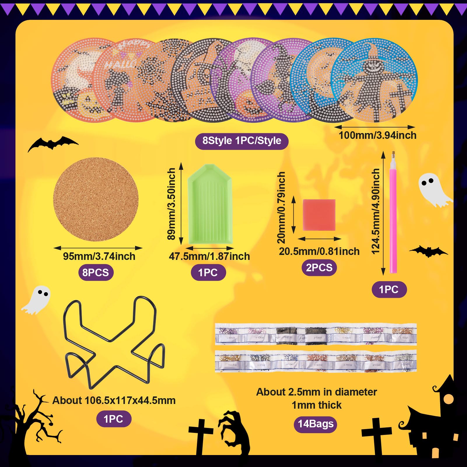 Lot De 8 Dessous De Verre D'Halloween En Diamant Pour Adultes – Ensemble De Sous-verres Ronds Avec Support, à Faire Soi-même Avec Motif Diamant Point Par Numéro Pour Décoration Murale De La