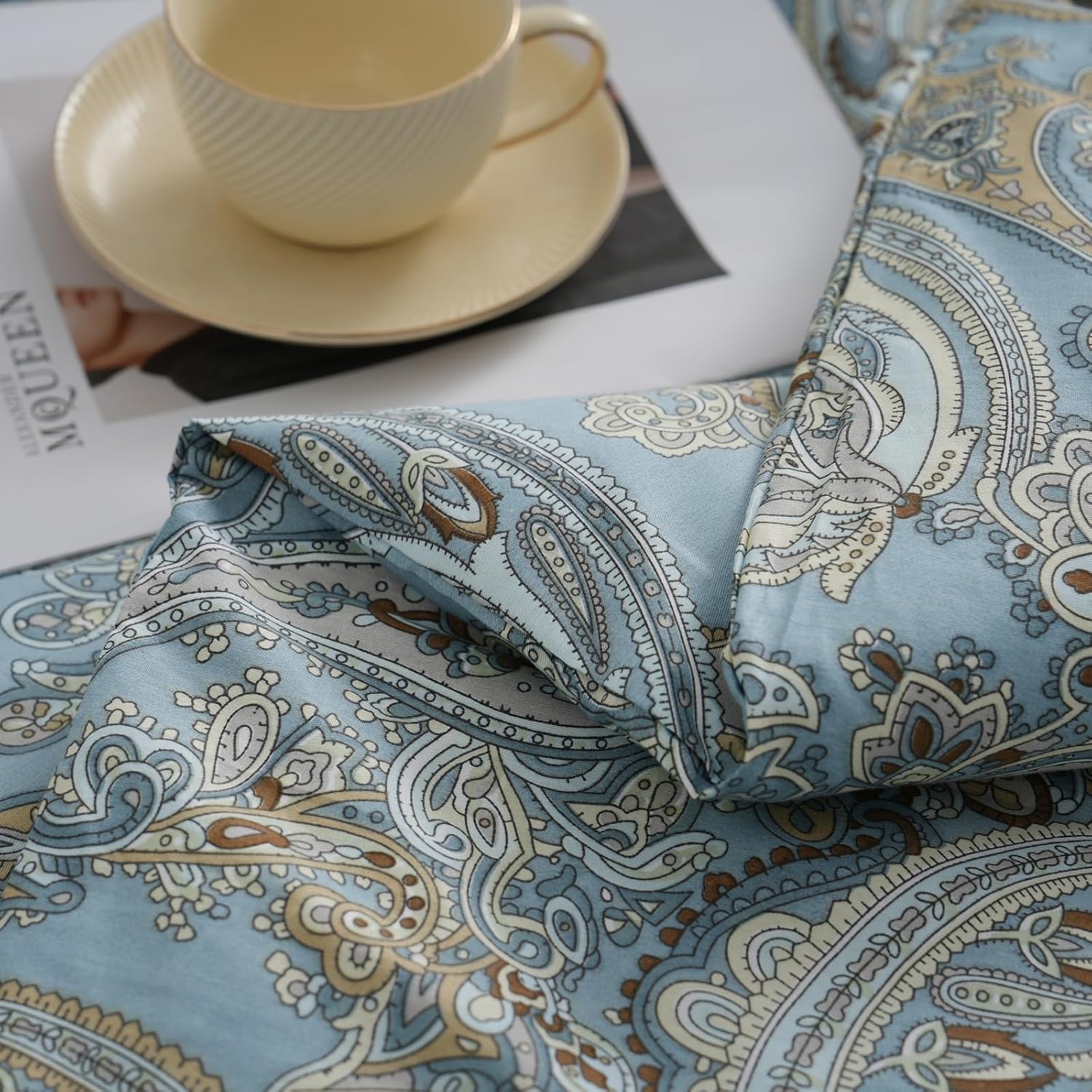 100% Cotton Duvet Cover King Size Blue Boho Paisley Pattern Duvet Cover Sets with Zipper Closure 3 Pcs Soft & Breathable Luxury Bedding Sets