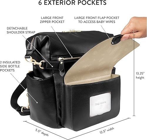 Miniatura 3 de TWELVElittle Peek A Boo - Mochila convertible con cambiador, funda de toallitas y clips para cochecito, cuero vegano, Negro -