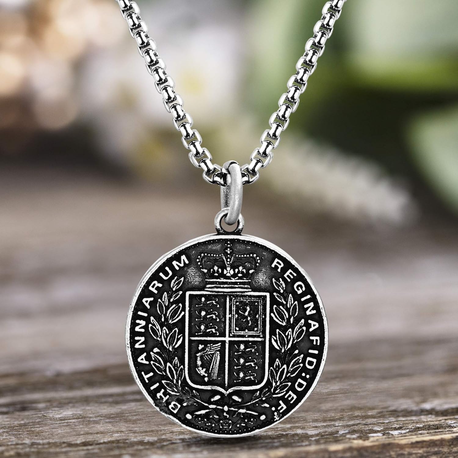 Steve Madden Men's Oxidized Marcus Aurelius Roman Coin Design Pendant Chain Necklace in Stainless Steel, Silver, 28 | 