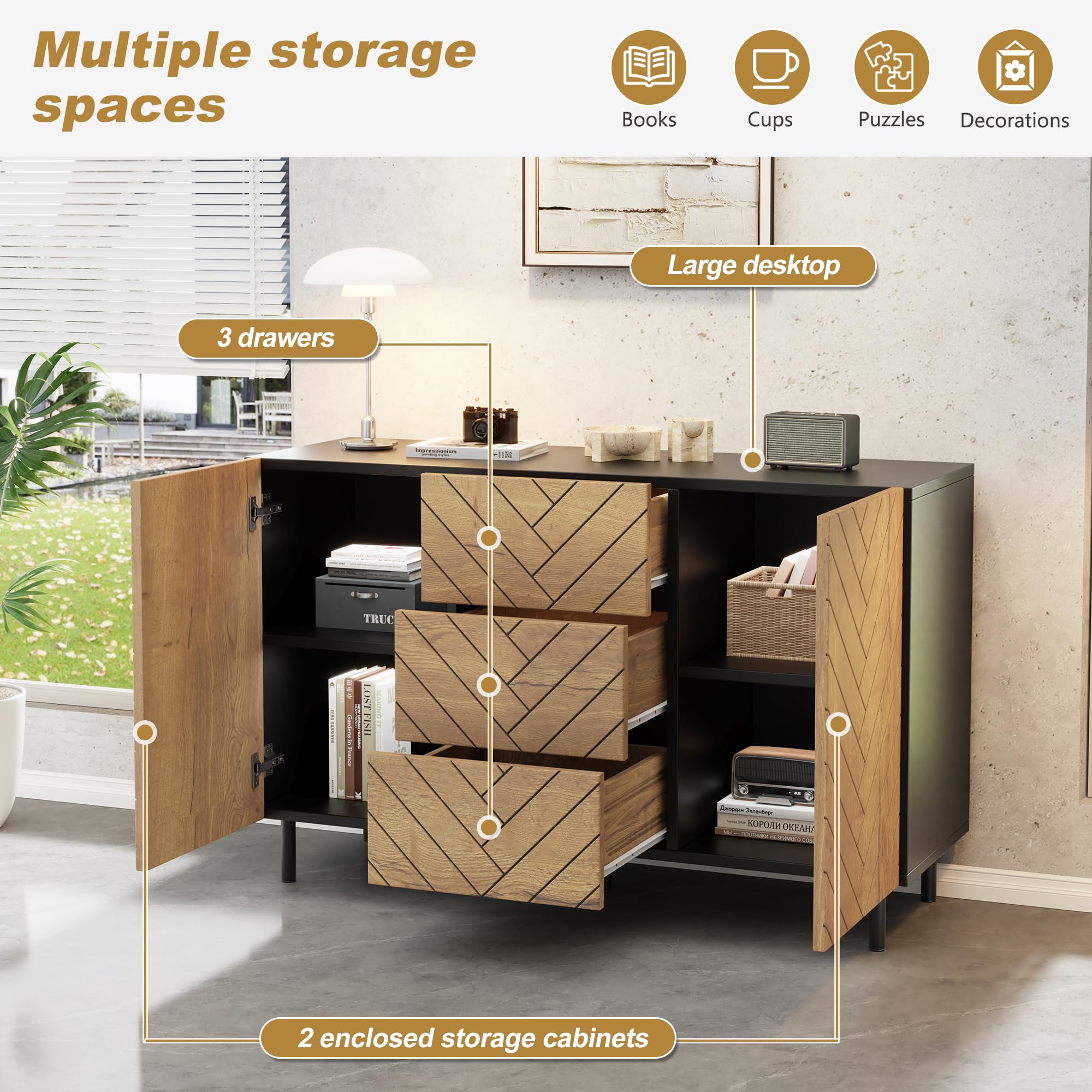 REXO Credenza 120 × 40 × 76 cm, truciolato, moderno, con 3 cassetti e 2 armadi, per soggiorno, armadietti, legno naturale