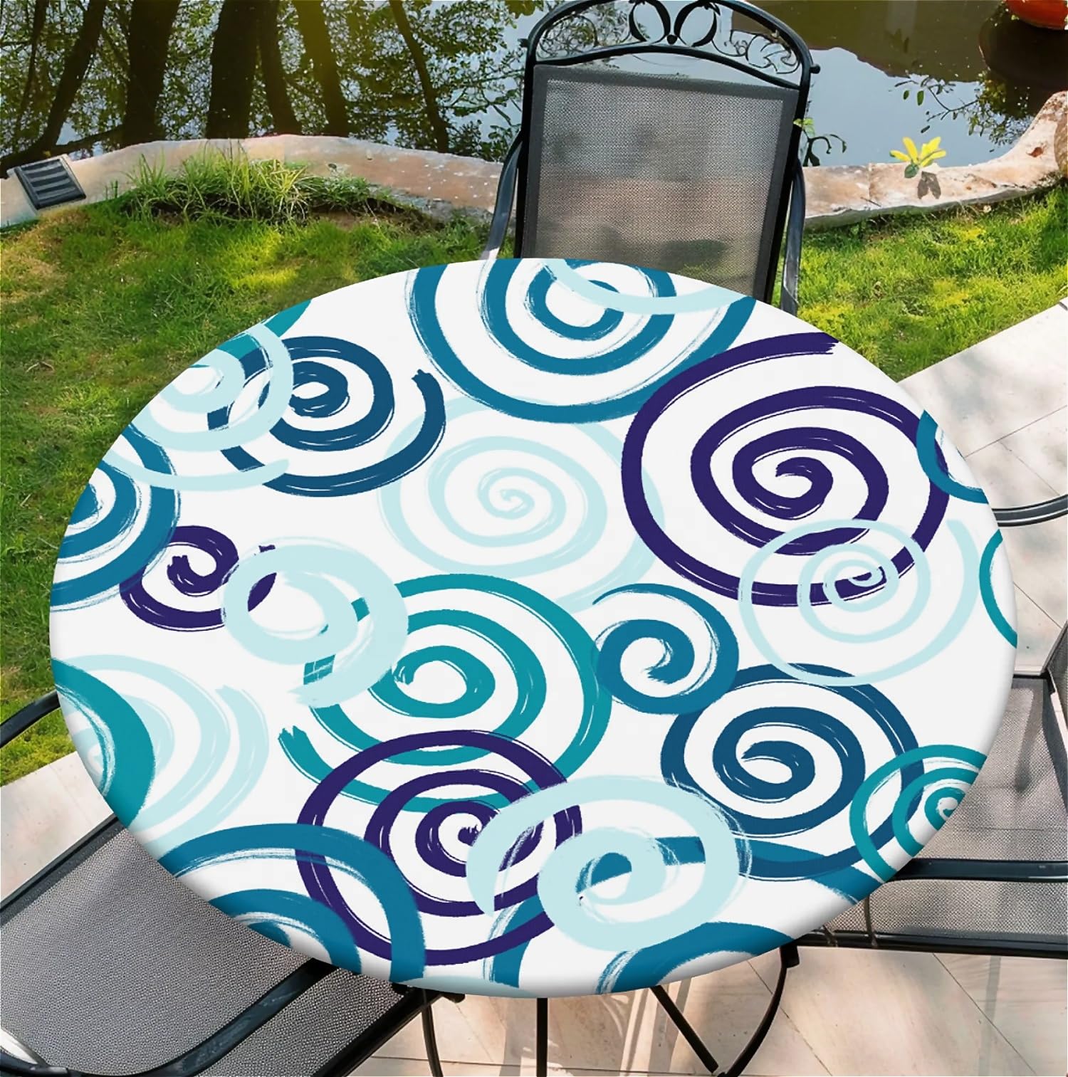 artslion Round Table Cloth with Elastic Edge 36 Inch– Waterproof Non-Woven Fitted Table Cover for Indoor & Outdoor Use – Blue circles Patterns Tablecloth Perfect for Dining, Garden & Patio Tables