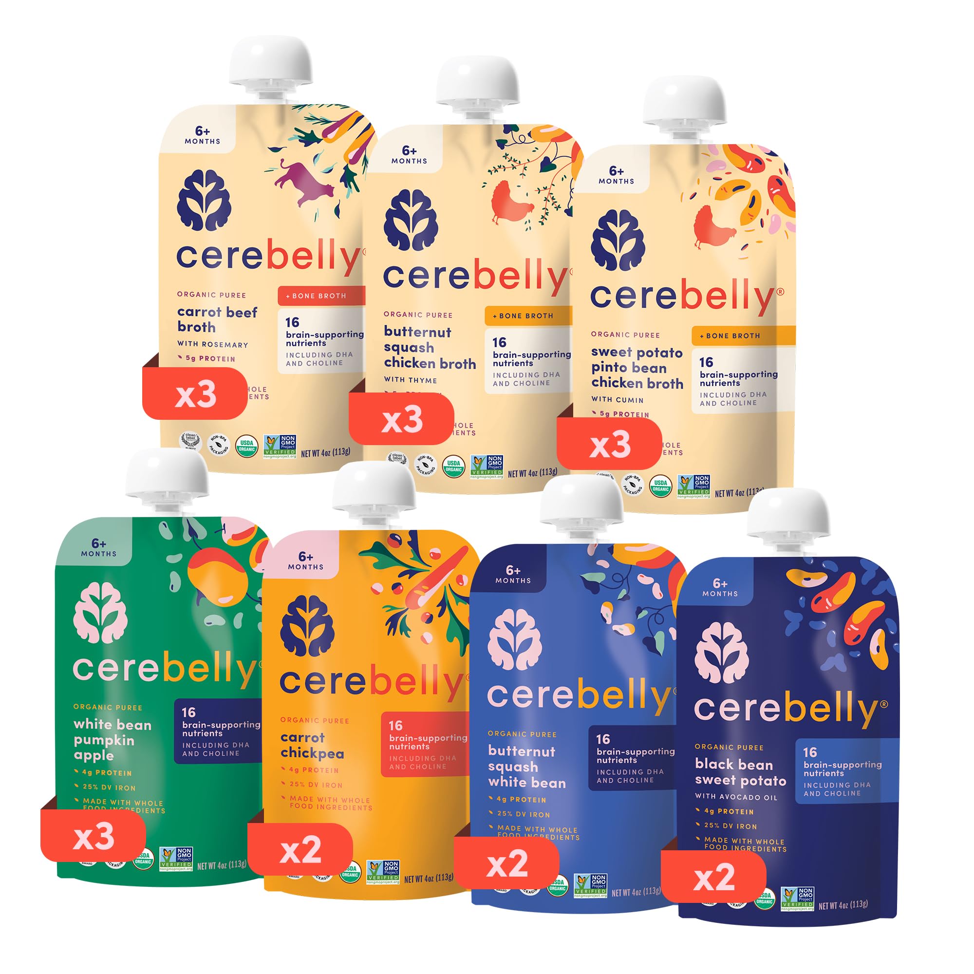 Cerebelly Organic Baby Food Pouches, Protein Bundle, No Added Sugar & Non-GMO, 4 oz, 18 Pack