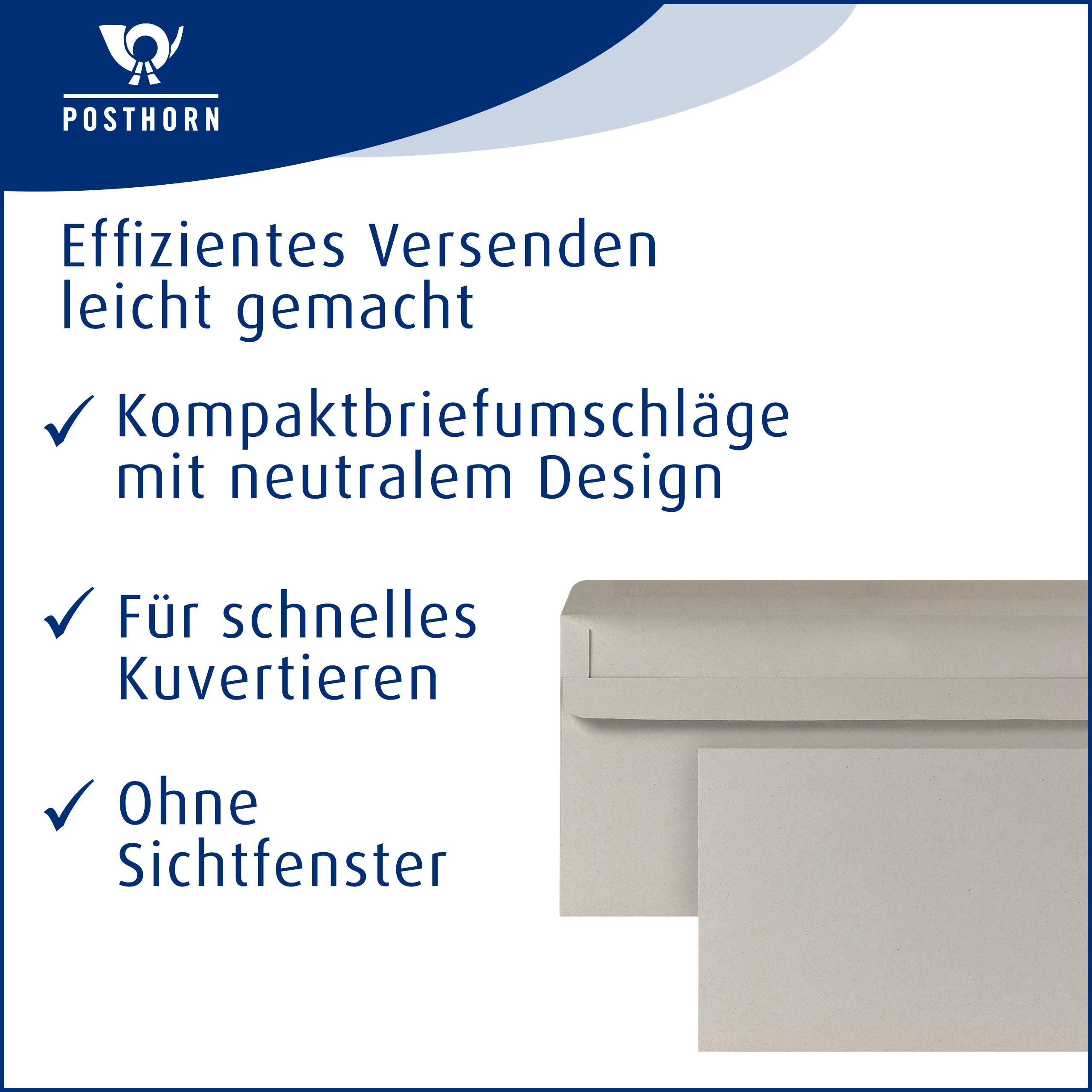 POSTHORN Briefumschlag DIN lang (1000 Stück), Briefumschlag ohne Fenster und mit selbstklebender Doppelklappe, graue Briefumschläge aus recyceltem Altpapier, 110 x 220 mm, 75g/m²