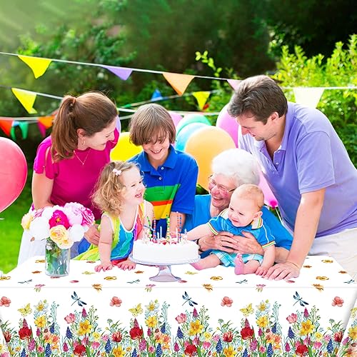 Miniatura 3 de Paquete de 4 manteles de plástico con diseño floral de verano con flores silvestres en acuarela, mantel de plástico desechable para primavera,