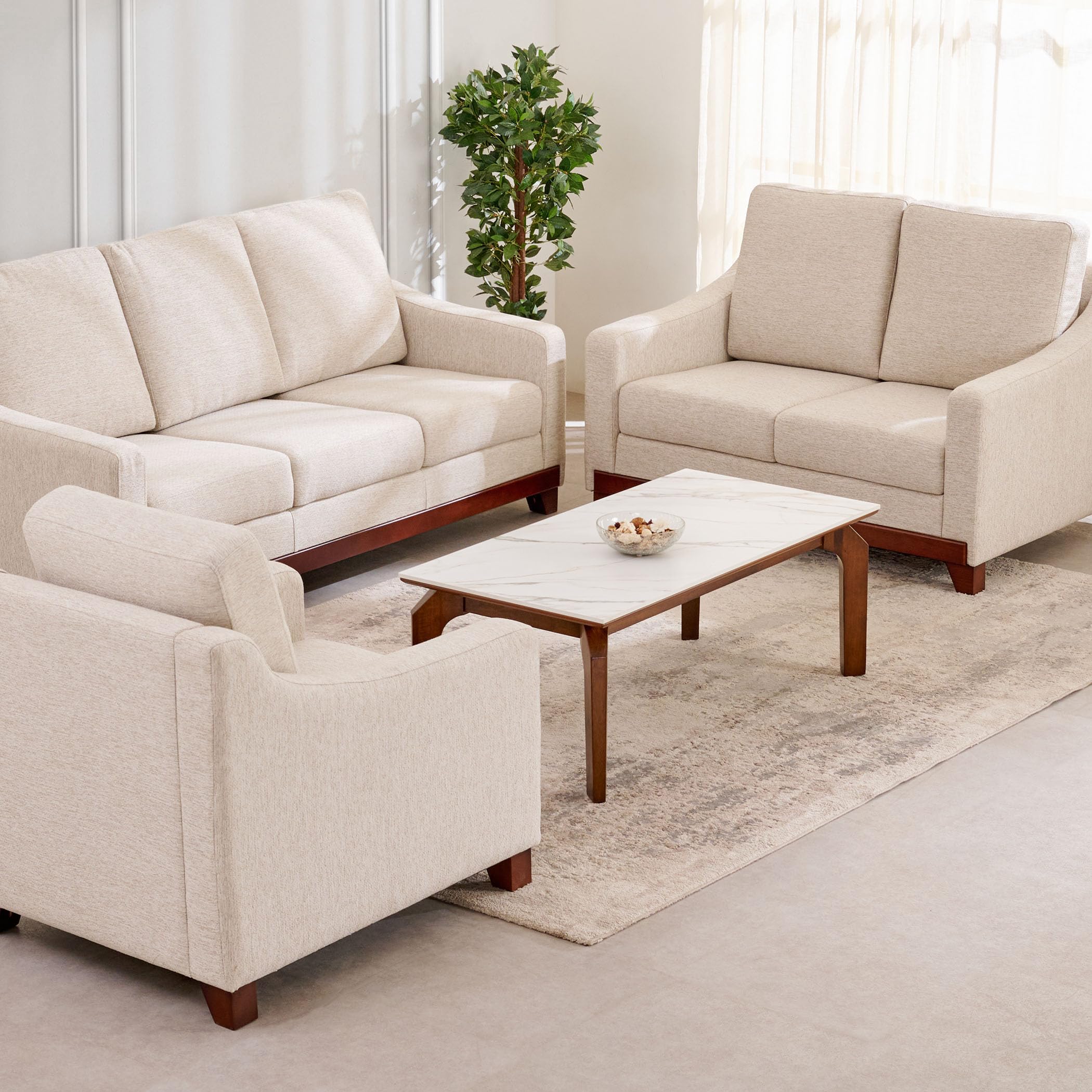 Home Centre | Sylvester Plus Fabric 3+2+1 Seater Sofa Set | Sofa for Living Room | Solid Wood | Beige | 1 Year Warranty