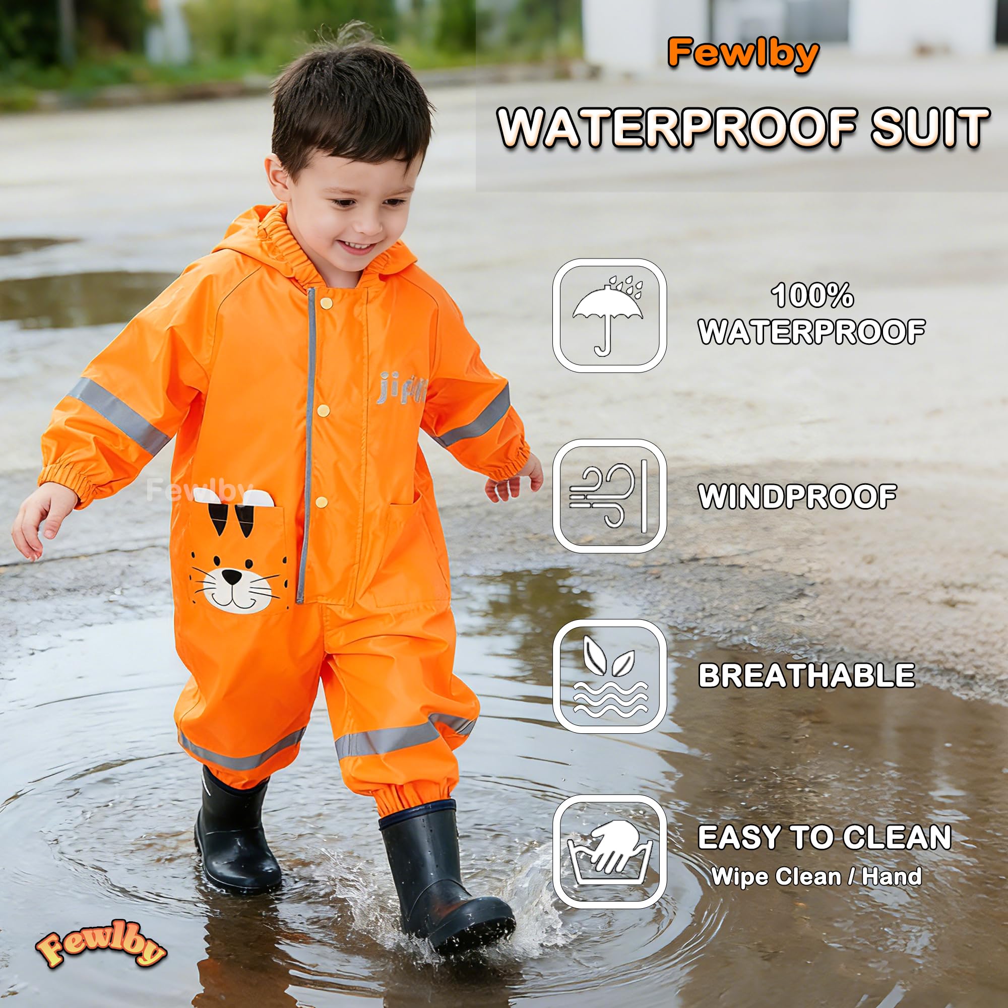 Fewlby Chubasquero Impermeable, Niños Niñas Poncho de Lluvia Ligero Abrigos de Lluvia Chaqueta Impermeable Mono Impermeable con Capucha Traje de Lluvia 1-10 Años